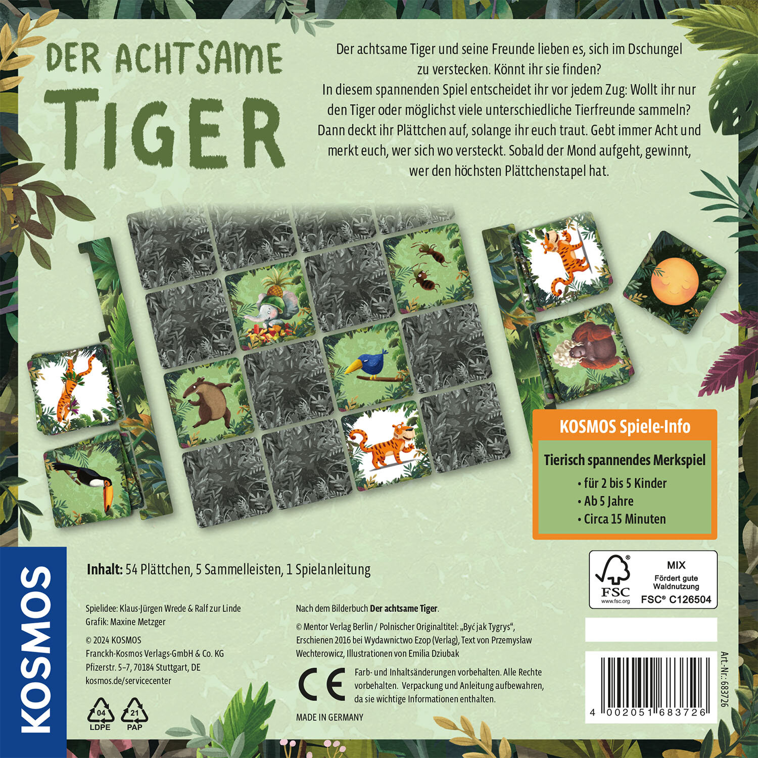 Brettspiel 'Der achtsame Tiger' mit Tierkacheln und Dschungel-Illustrationen.