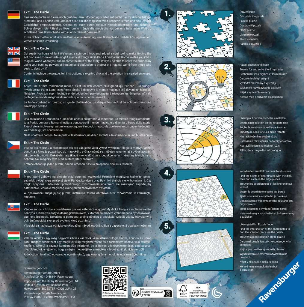 Pudełko z puzzlami z tekstem, elementami układanki i planszą z instrukcjami.