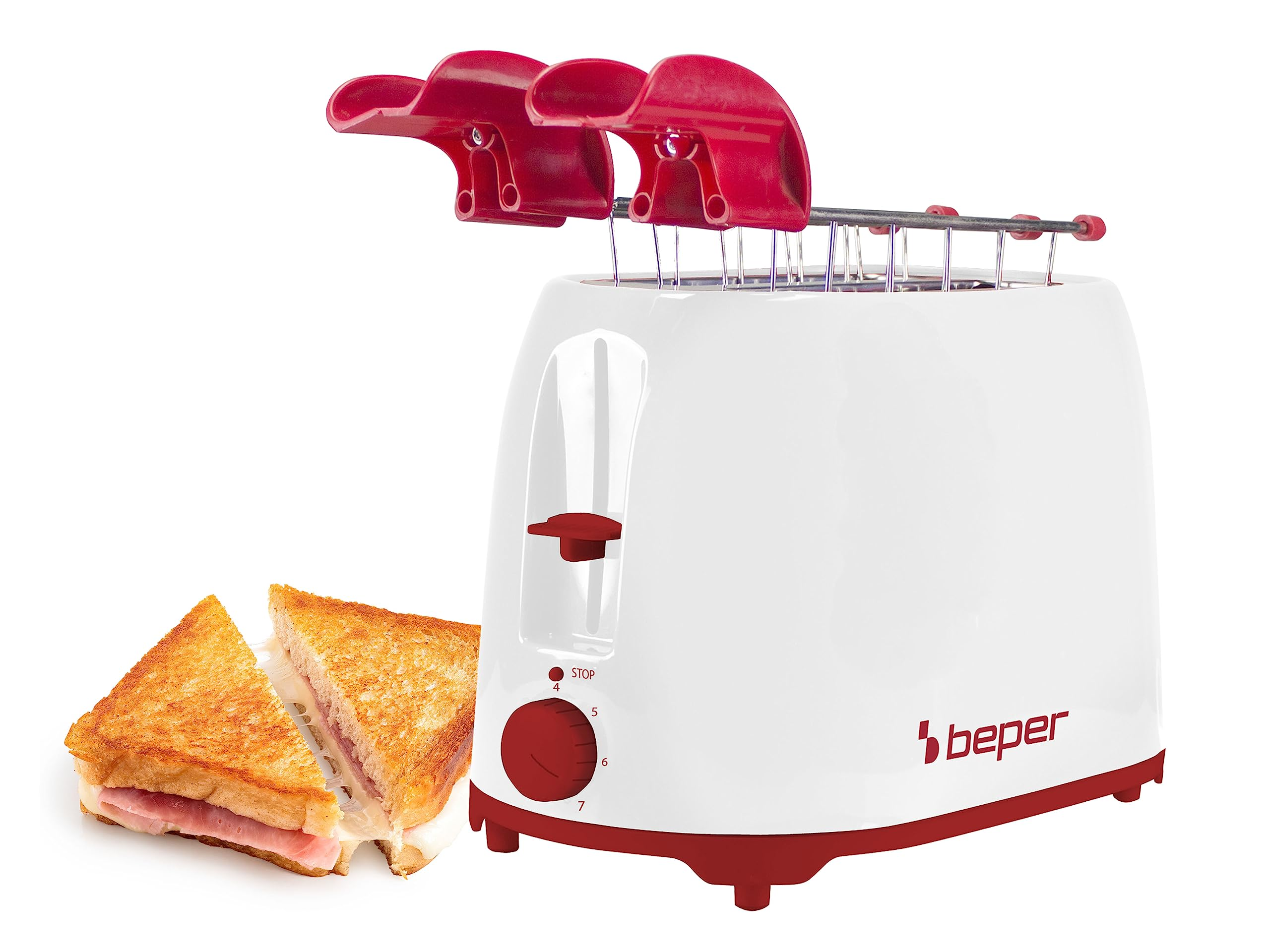 Tostapane bianco con dettagli rossi e un panino. Il tostapane ha una manopola e una leva. Il panino è tagliato a metà.