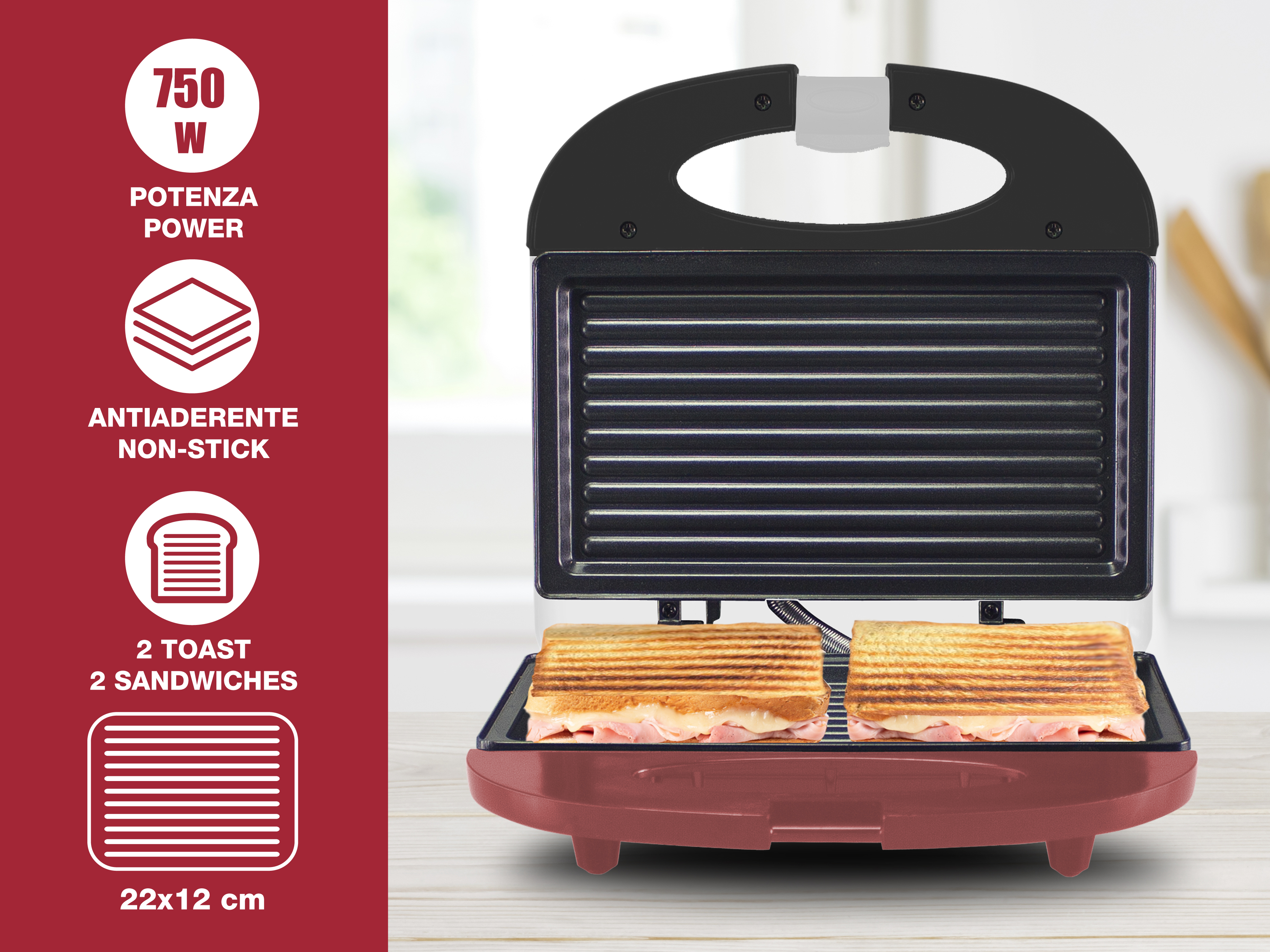 Una sandwichera rossa e nera con due panini all'interno. A sinistra c'è un'etichetta di alimentazione e antiaderente.