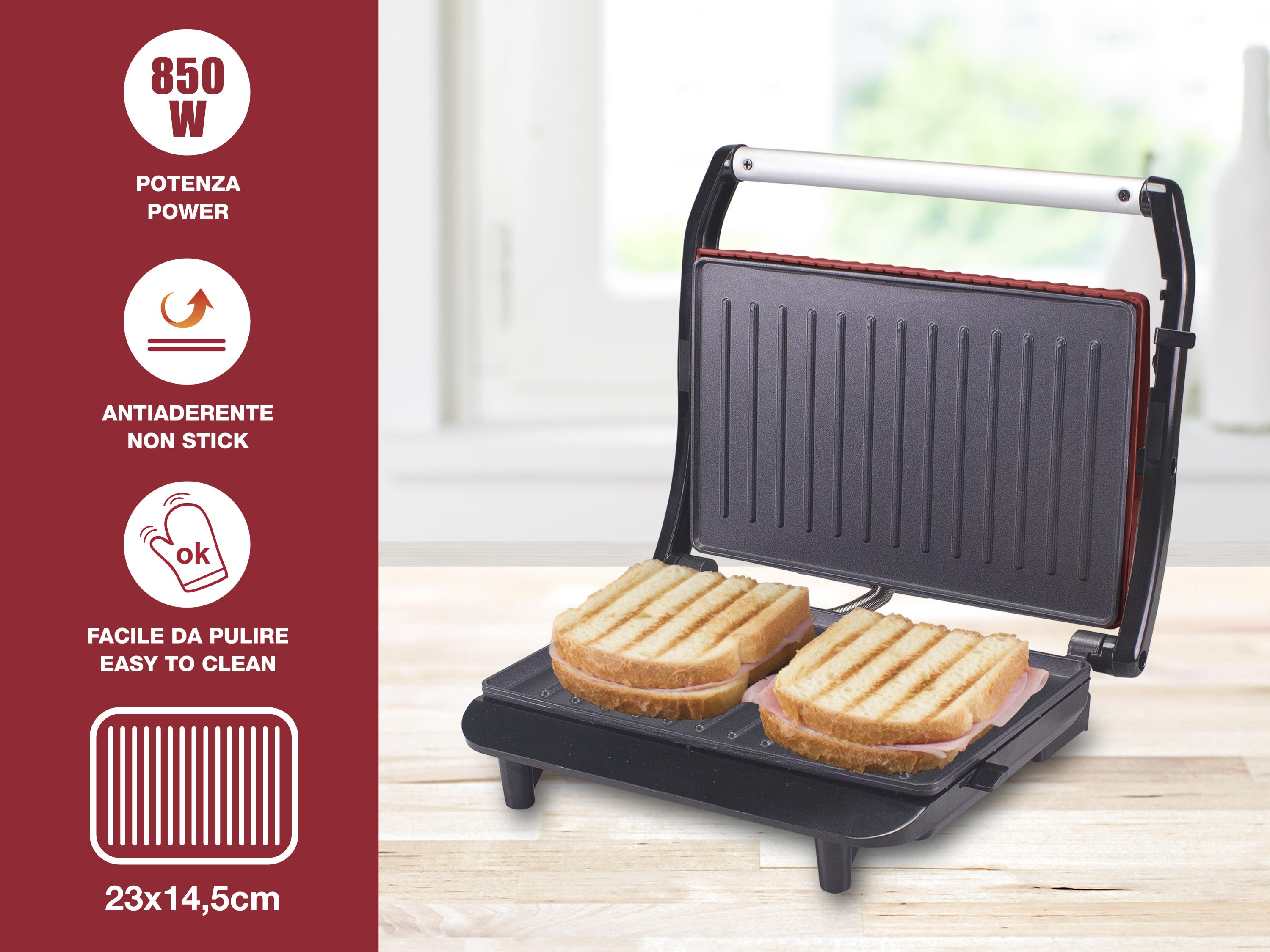Una sandwich maker con due panini dentro. Ha dettagli rossi e neri. La potenza è di 850W.