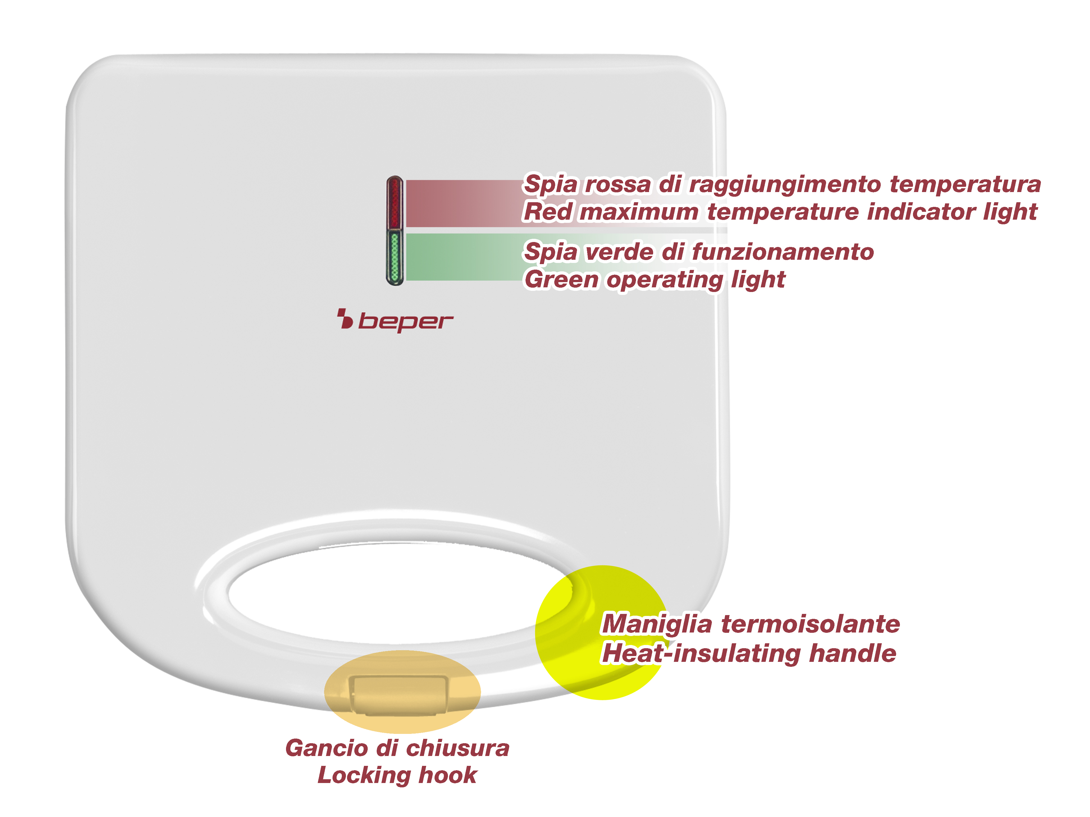 Un elettrodomestico bianco con indicatore rosso e verde, maniglia e gancio di chiusura. Sono incluse etichette di testo.