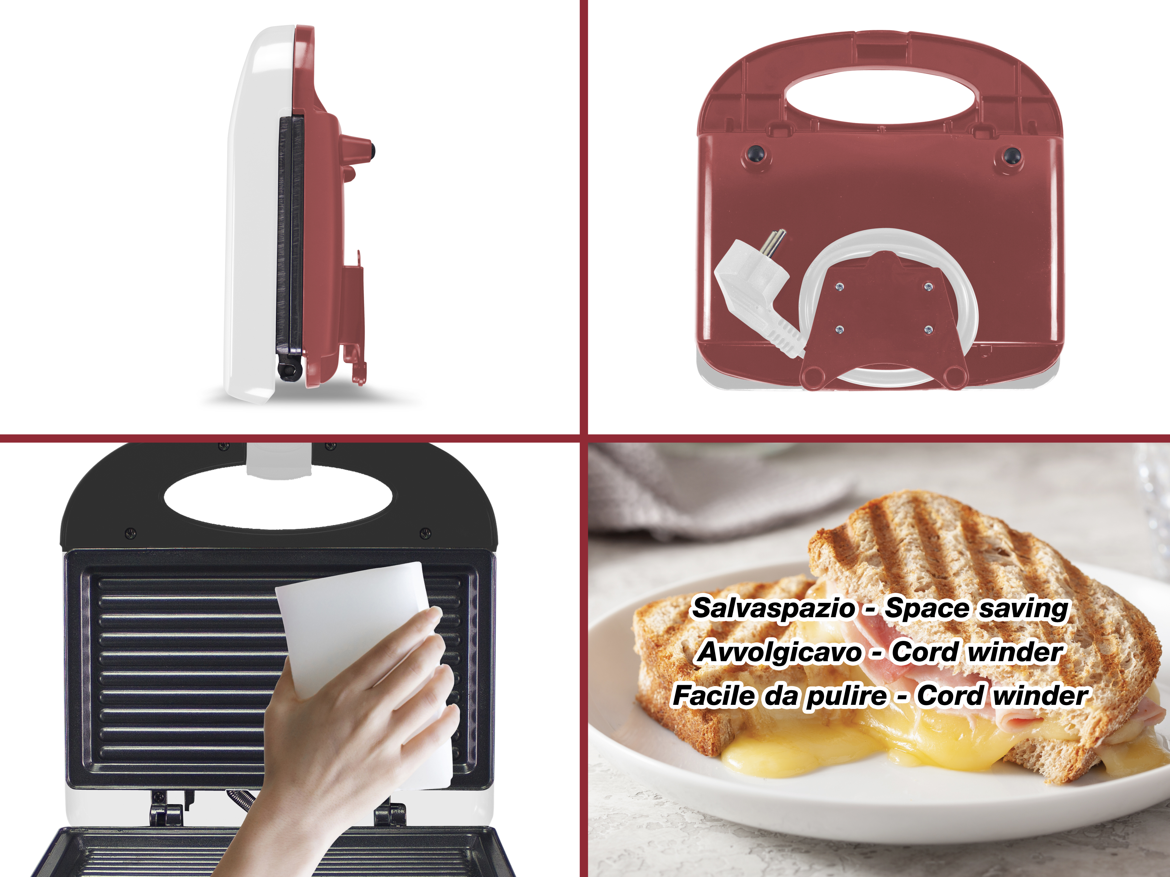 Quattro immagini mostrano un'affettatrice per sandwich. I dettagli includono una vista laterale, dall'alto, interna e un sandwich.
