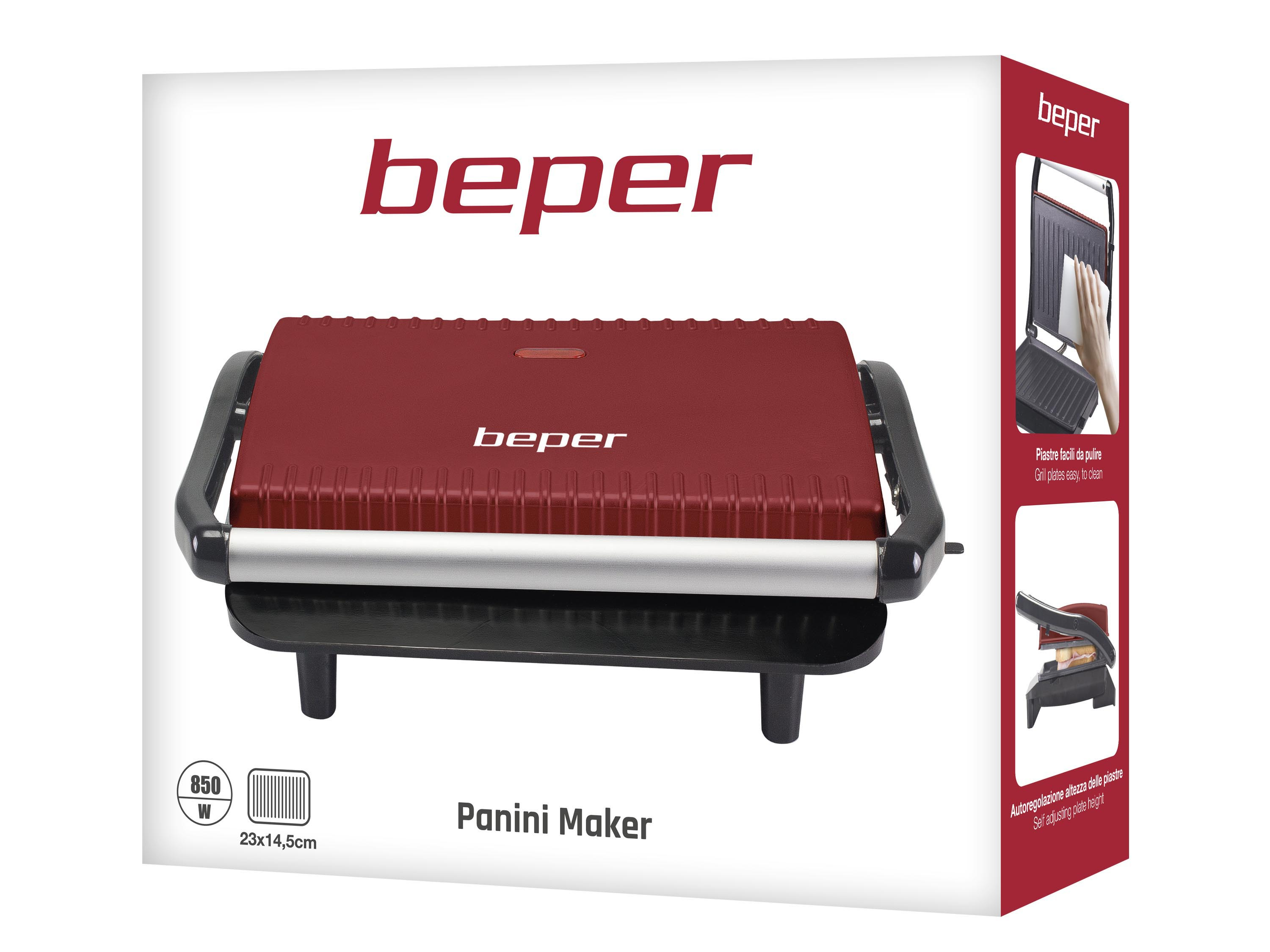 Una scatola rossa per panini con il marchio 'beper'. Ha un'interno per panini e dettagli sul lato.