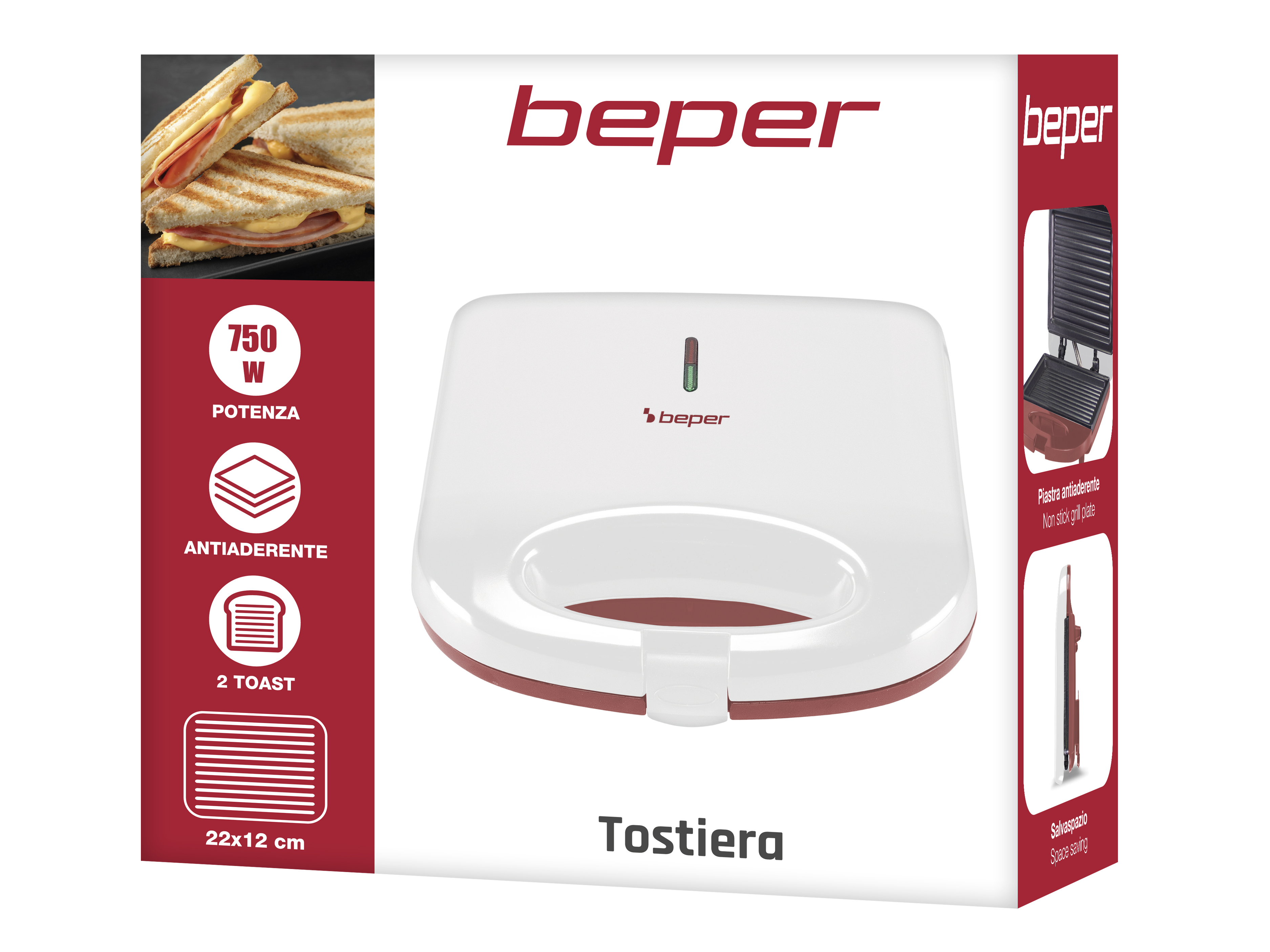 Una piastra per panini bianca e rossa su sfondo bianco. Mostra un panini e il marchio Beper.