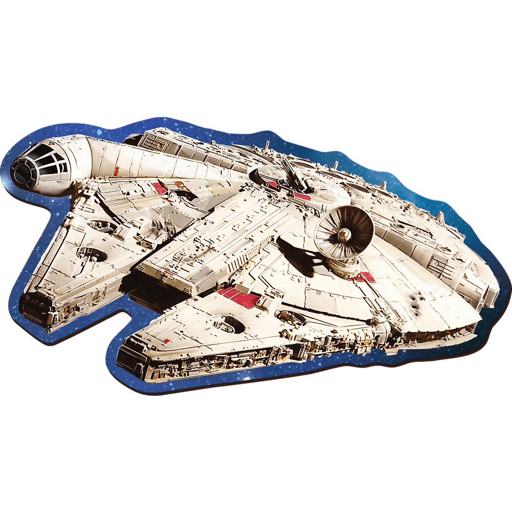 The Millennium Falcon, a light gray spaceship with red details, sits on a blue starry background, a Star Wars icon.