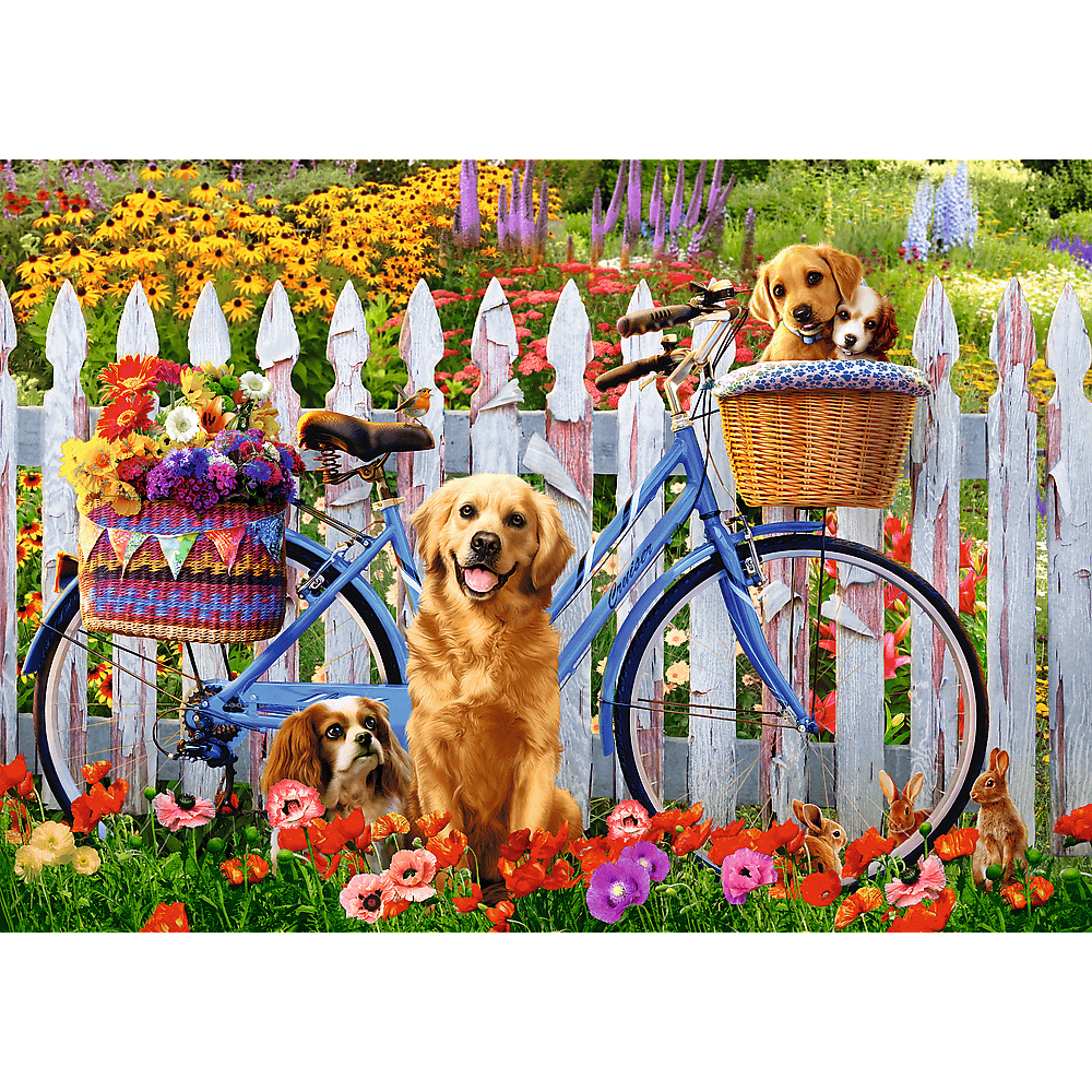 Un vélo bleu avec des chiens devant une clôture blanche, entouré de fleurs colorées et de lapins.