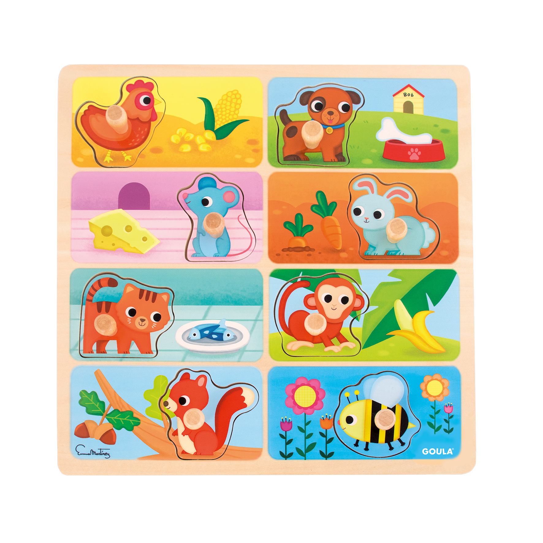 Houten puzzel met kip, maïs, hond, bot, muis, kaas, konijn, wortel, kat, vis, aap, banaan, eekhoorn, bij.