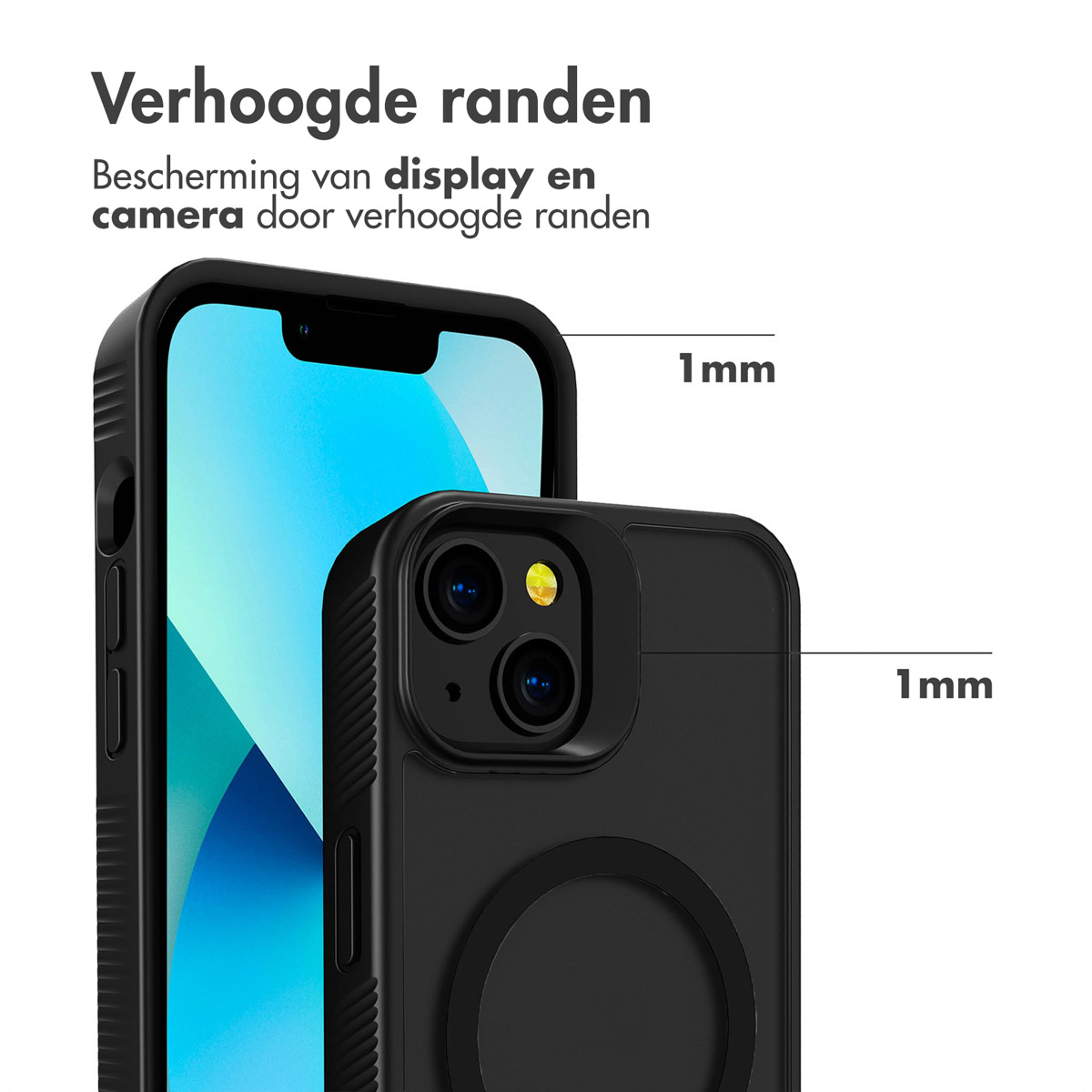 Une coque de téléphone noire avec des bords surélevés. Un téléphone avec un écran bleu est à l'intérieur. Le texte dit 'Bords relevés' et '1mm'.