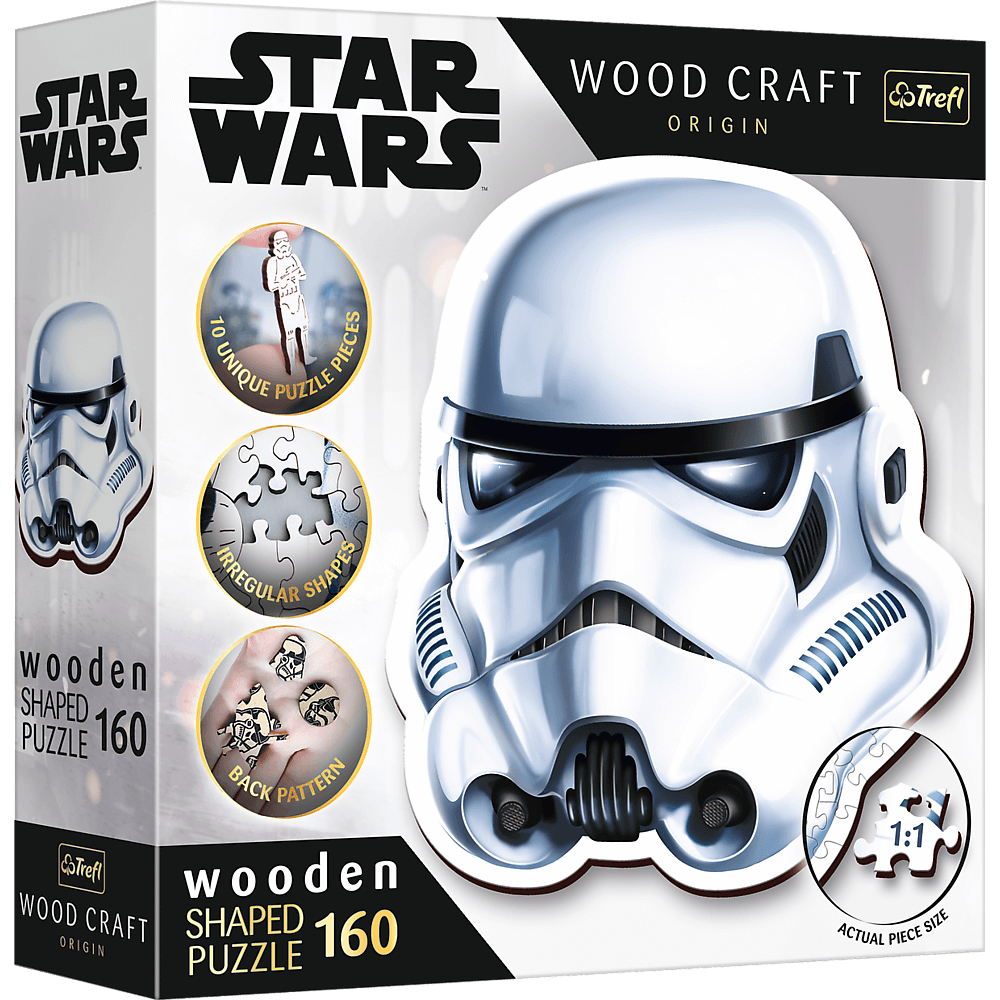 Une boîte de puzzle en bois Star Wars. Elle présente un casque de Stormtrooper. Il y a 160 pièces et des formes uniques.