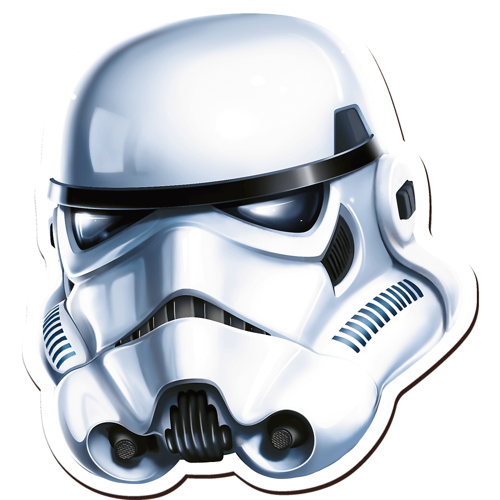 Un casque blanc de Stormtrooper de Star Wars. Il présente des détails noirs, des aérations et des fentes oculaires. Le casque est sur fond blanc.