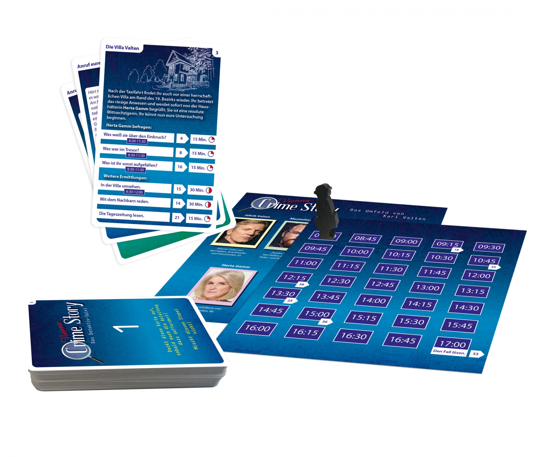 Gra planszowa zatytułowana 'Vienna Crime Story' z kartami, planszą i pionkami. Scena rozgrywa się w historii detektywistycznej.