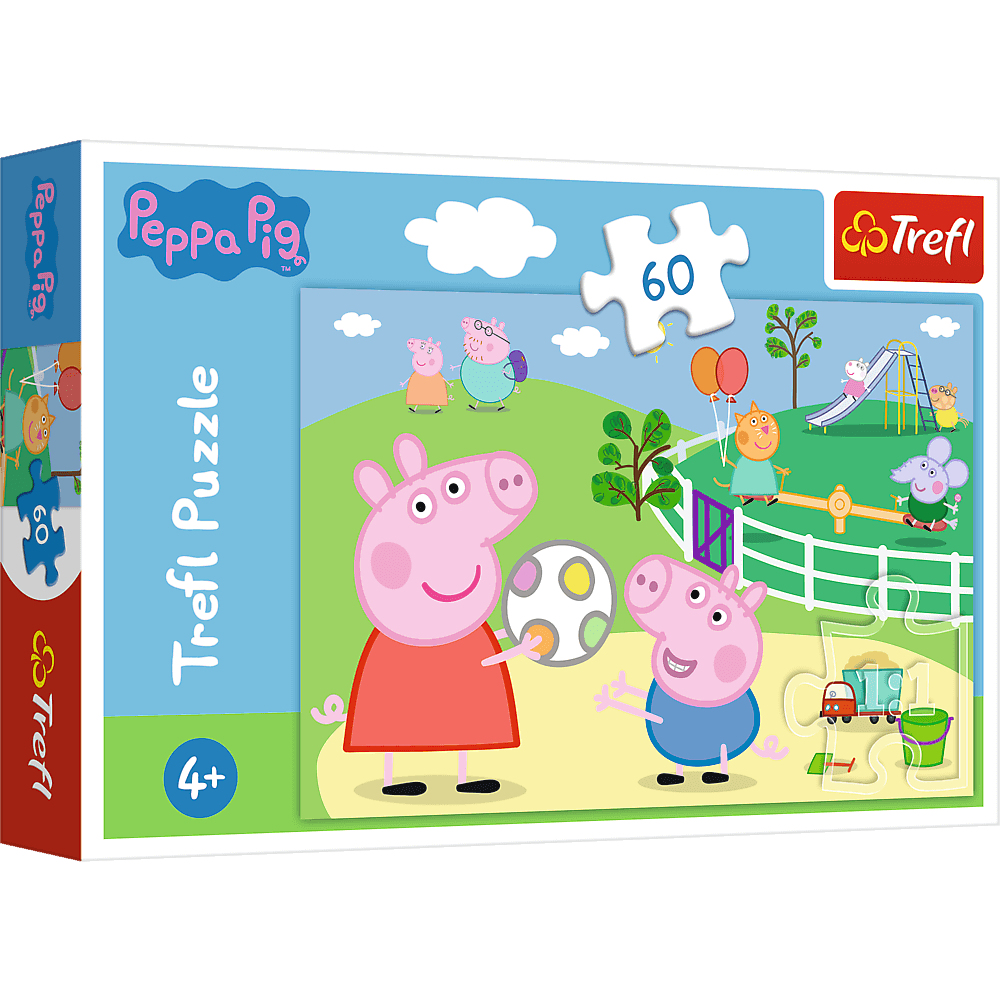 Peppa Pig puzzeldoos. Peppa Pig en vriend met bal, andere personages op een speeltuin, 60 stukjes. Merk Trefl.
