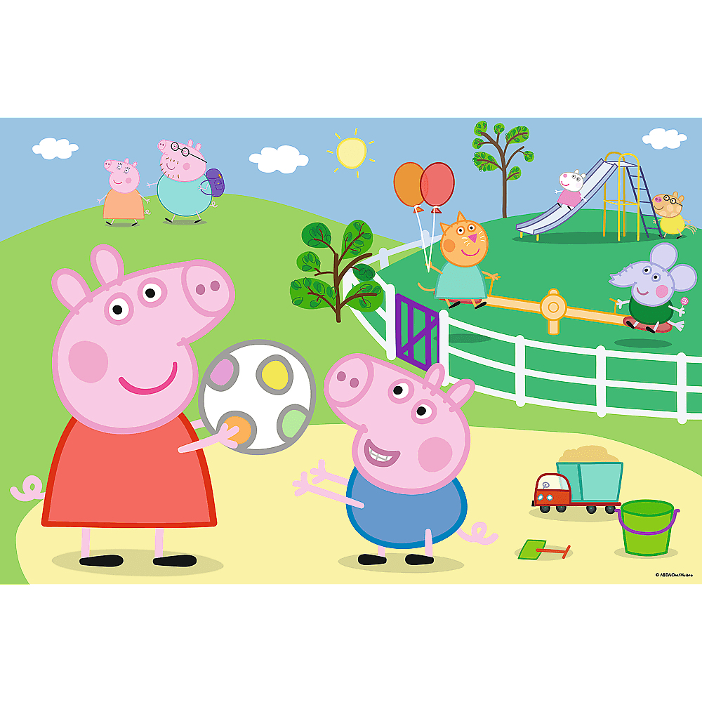 Peppa Pig-personages die spelen. Peppa met een bal, andere varkens, een kat met ballonnen, glijbaan, wip, emmer en vrachtwagen.