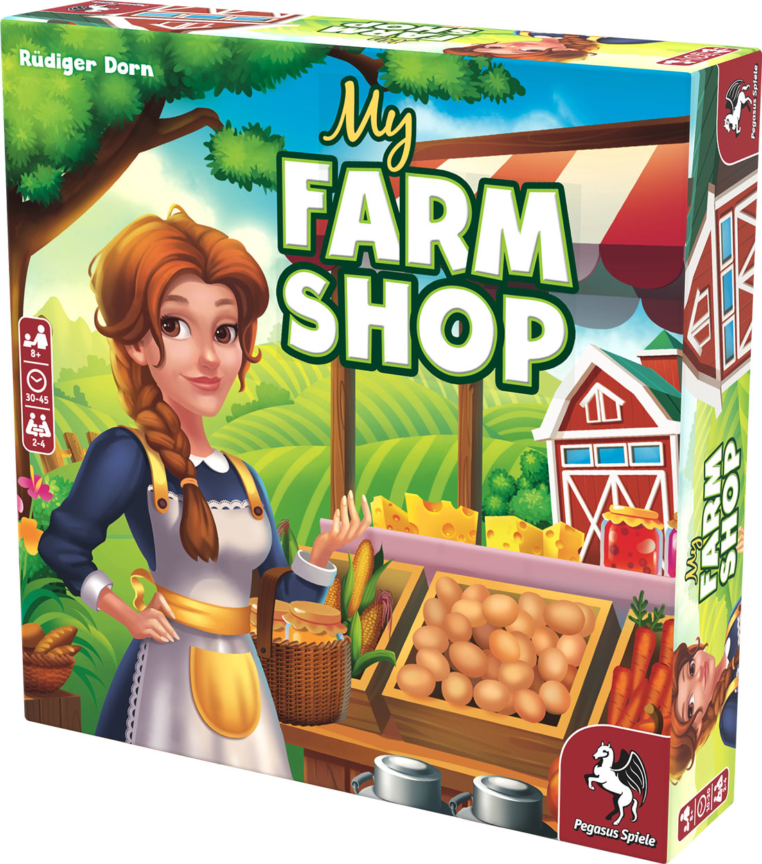 Spielbox 'My Farm Shop': Frau mit Schürze neben einem Marktstand mit Eiern, Mais und Karotten. Scheune und Hofladen im Hintergrund.