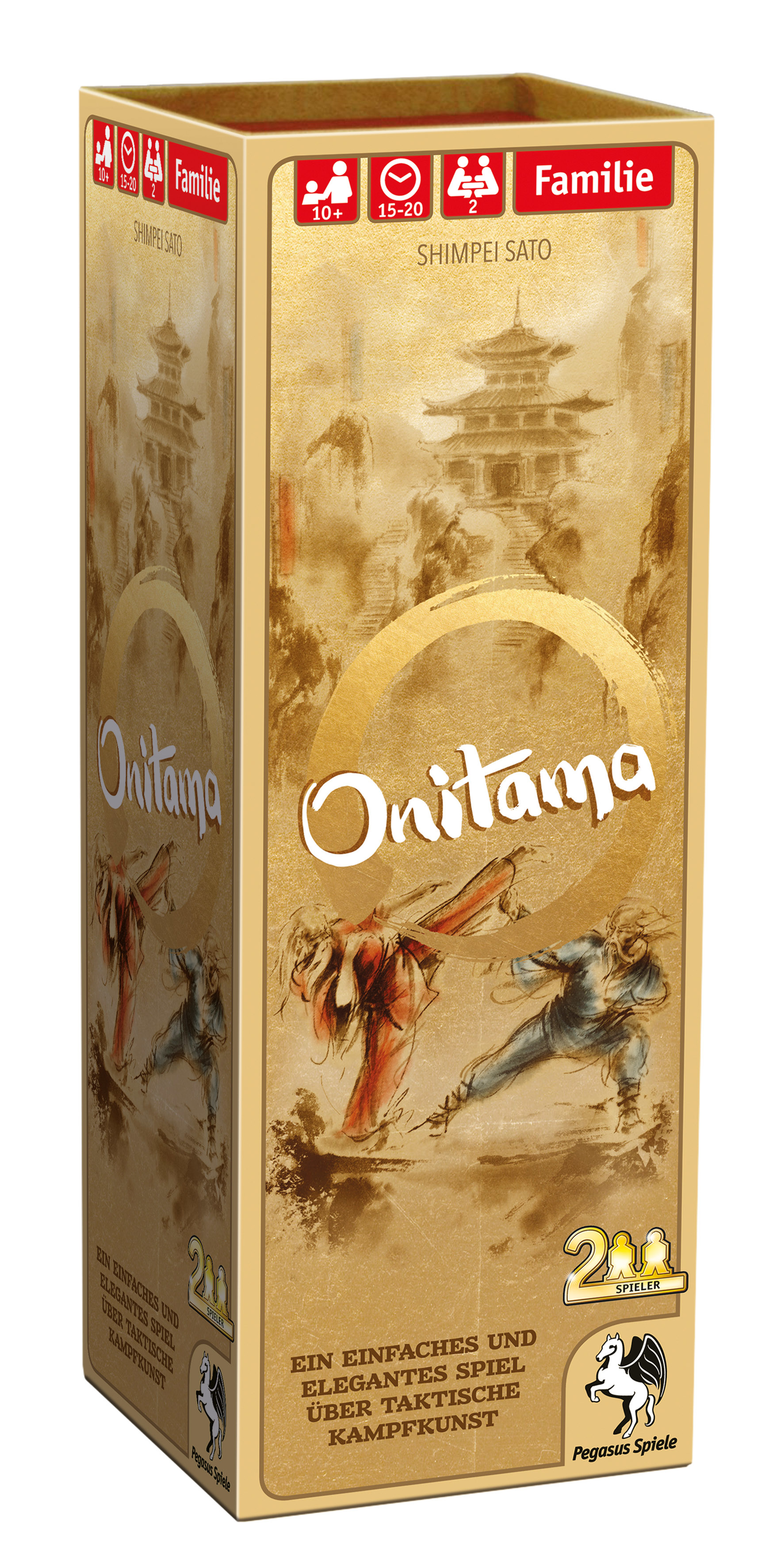Boîte de jeu intitulée 'Onitama'. Représente des artistes martiaux, une pagode et du texte en allemand. Couleurs : or, rouge et bleu.