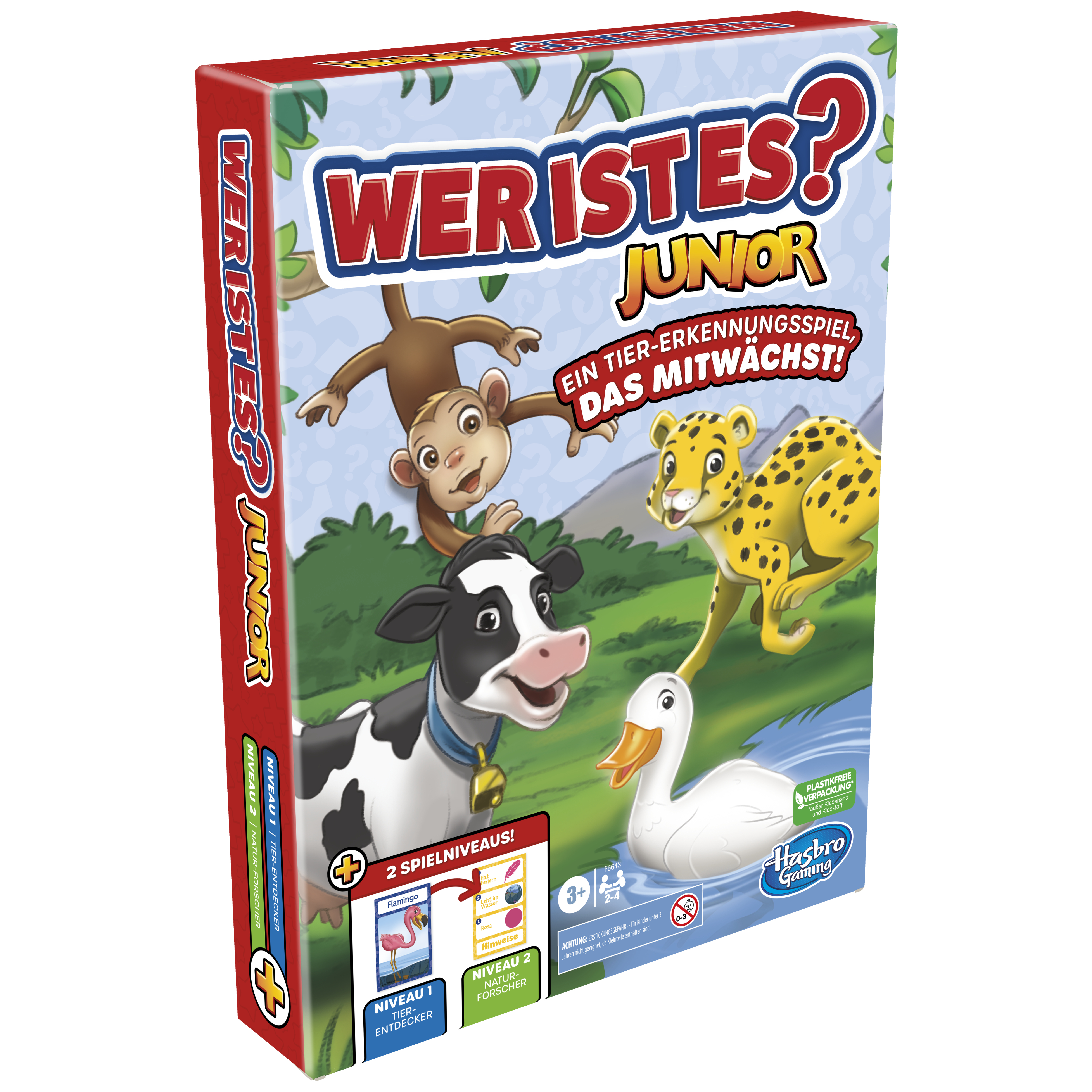 Spielbox mit Affen, Kuh, Gepard und Enten-Illustrationen. Der Titel lautet 'Wer ist es? Junior'.
