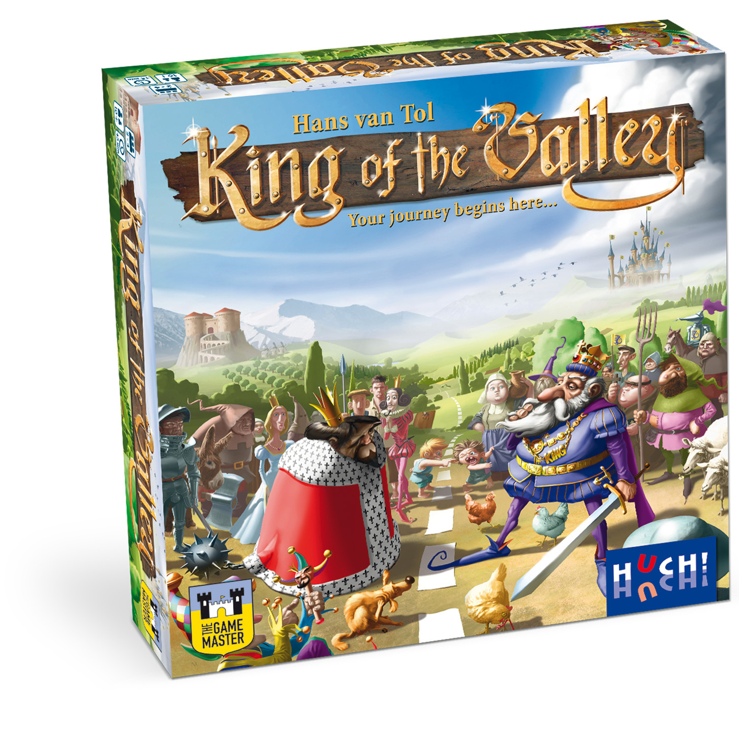 Schachtelkunst für das Brettspiel 'King of the Valley'. Figuren, ein König, ein Schloss und Text sind auf der Schachtel zu sehen.