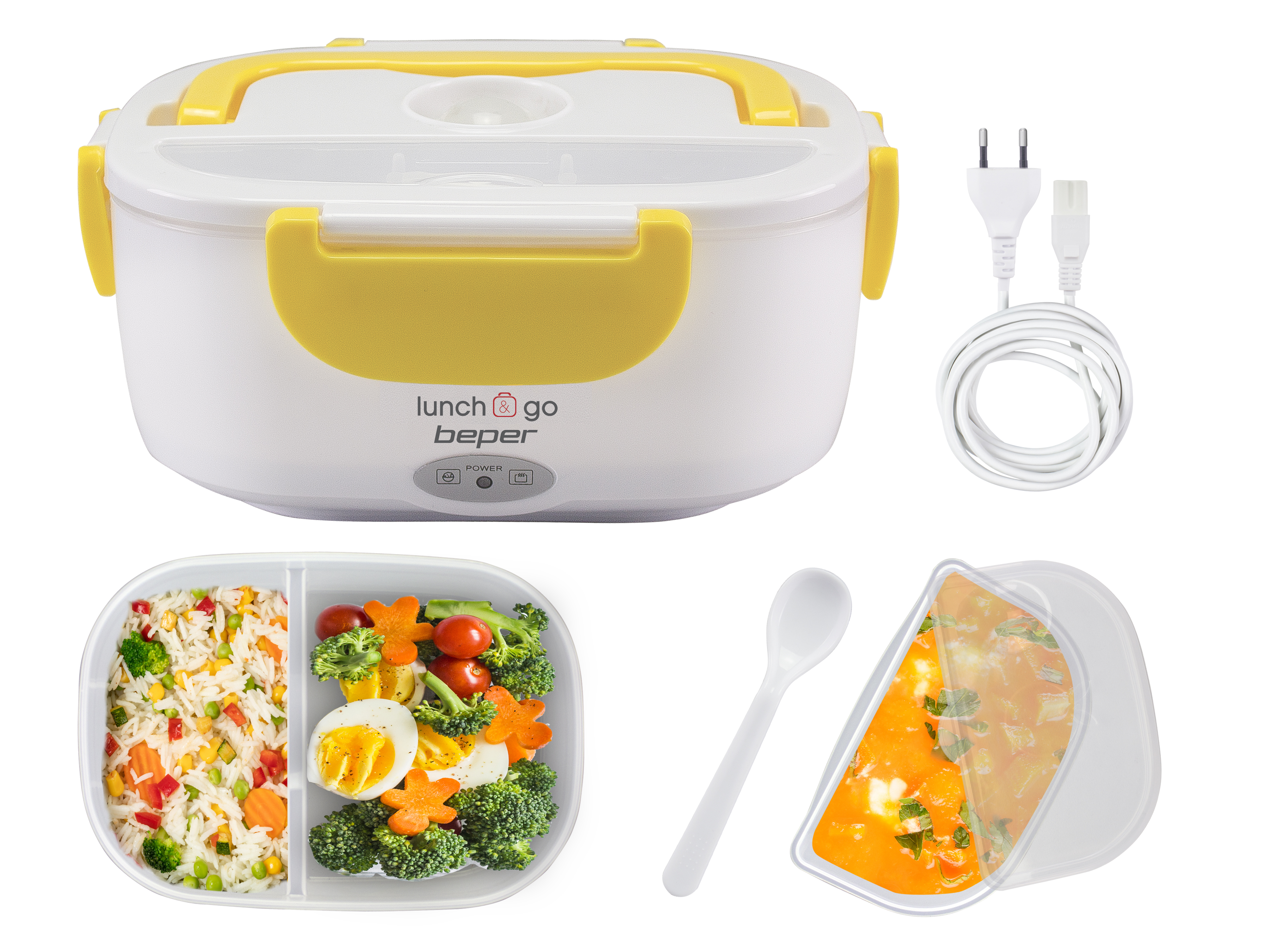 Lunch box bianca con dettagli gialli, scomparti per cibo, cavo di alimentazione e pasto con verdure e riso.