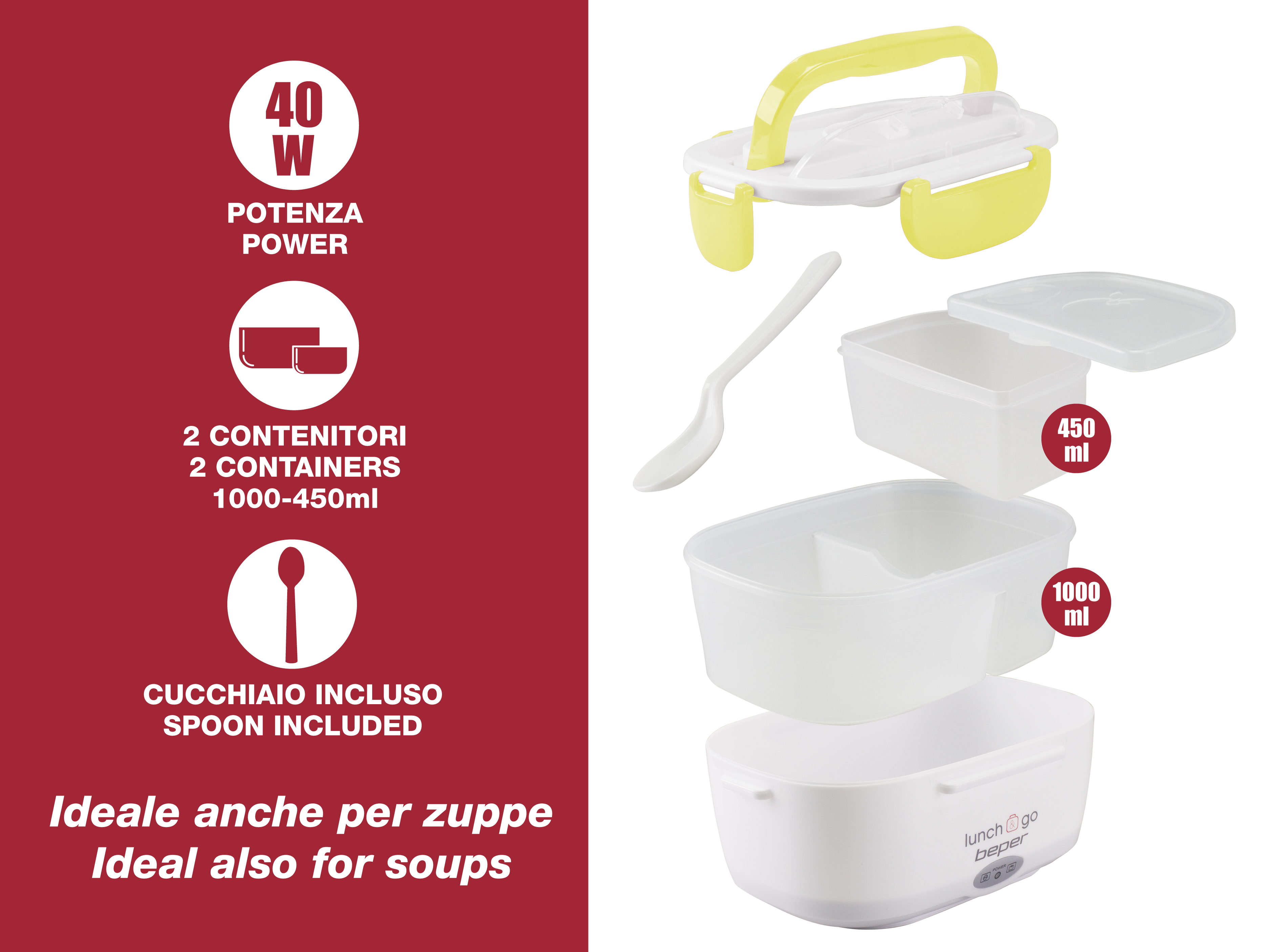 Lunch box bianca con manico giallo, contenitori e cucchiaio. Il testo include potenza, capacità e idoneità alle zuppe.