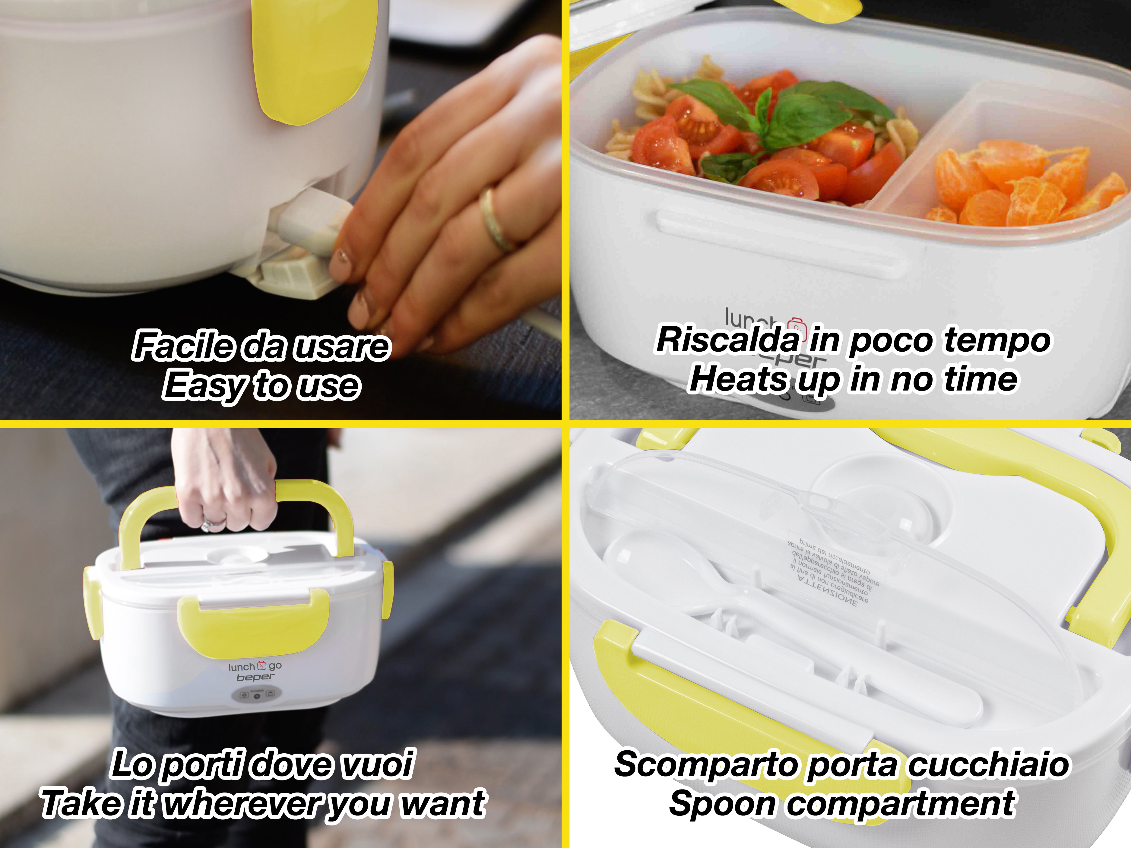 Un portapranzo bianco con dettagli gialli. Contiene pasta, pomodori e arance. È inclusa anche una posata.