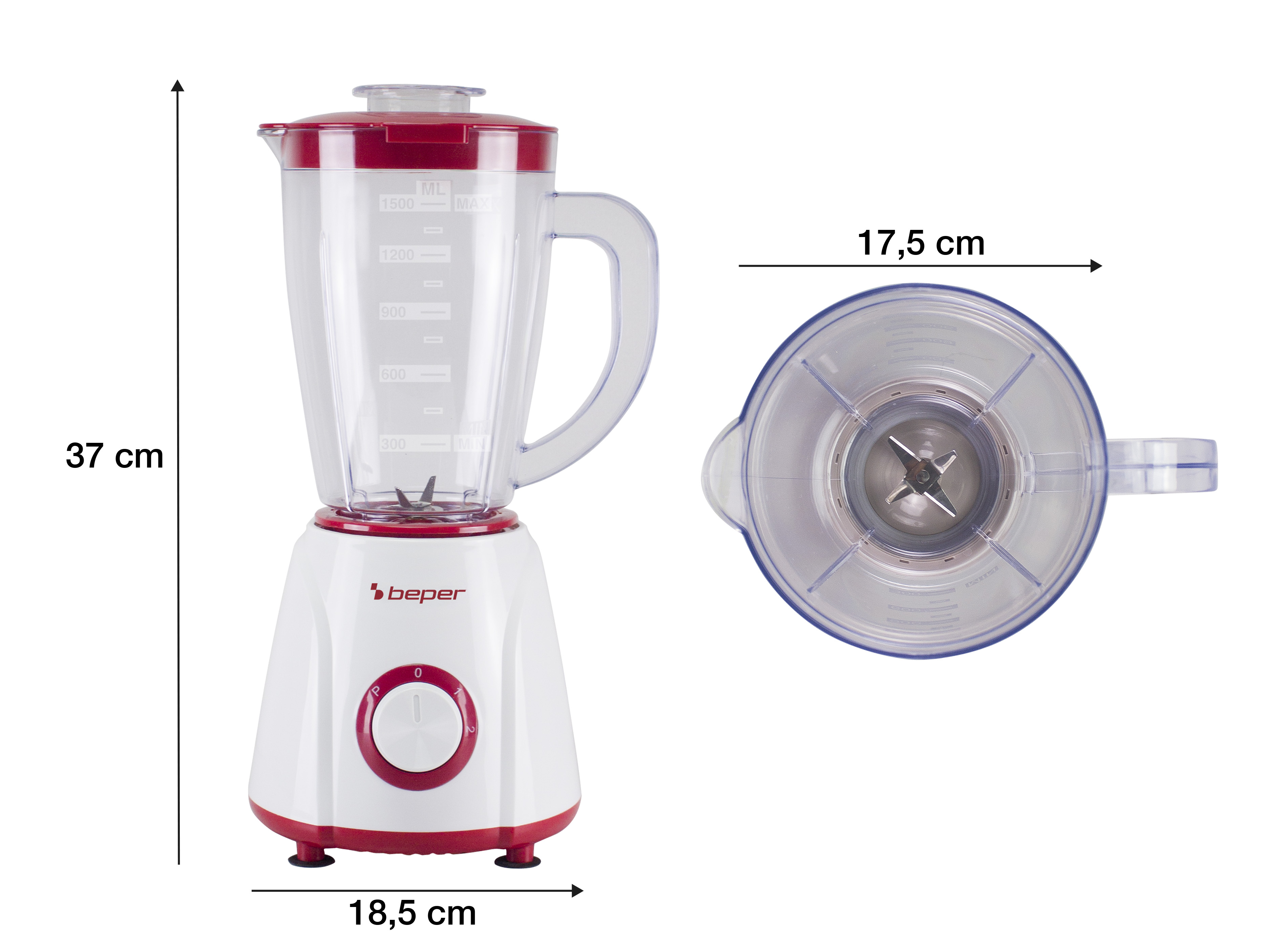Un frullatore Beper bianco e rosso. Ha una caraffa trasparente con misure e un coperchio trasparente. Dimensioni indicate.