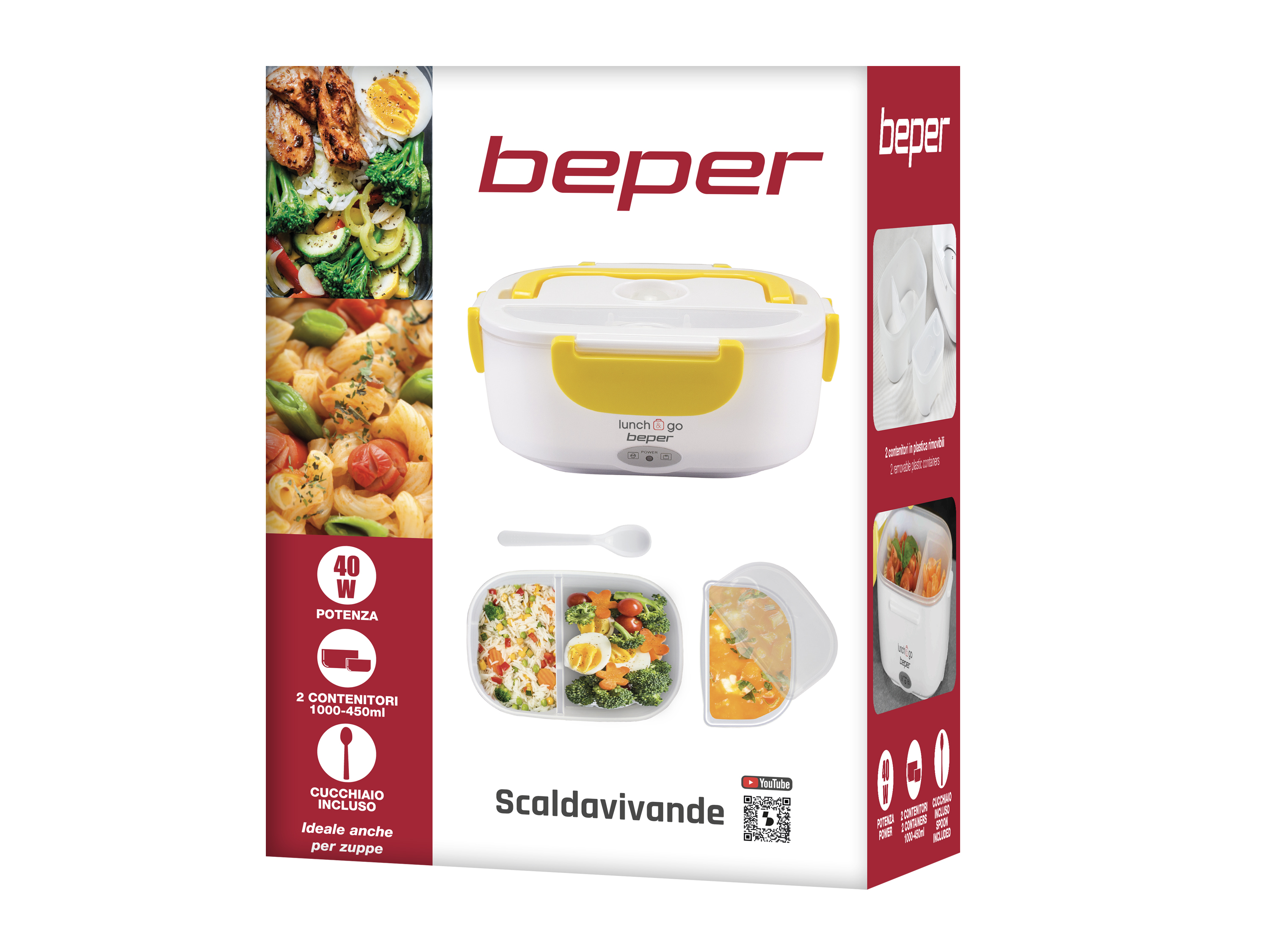 Scatola con cibo, maniglia gialla, cucchiaio e testo. Include immagini di cibo e dettagli del prodotto.