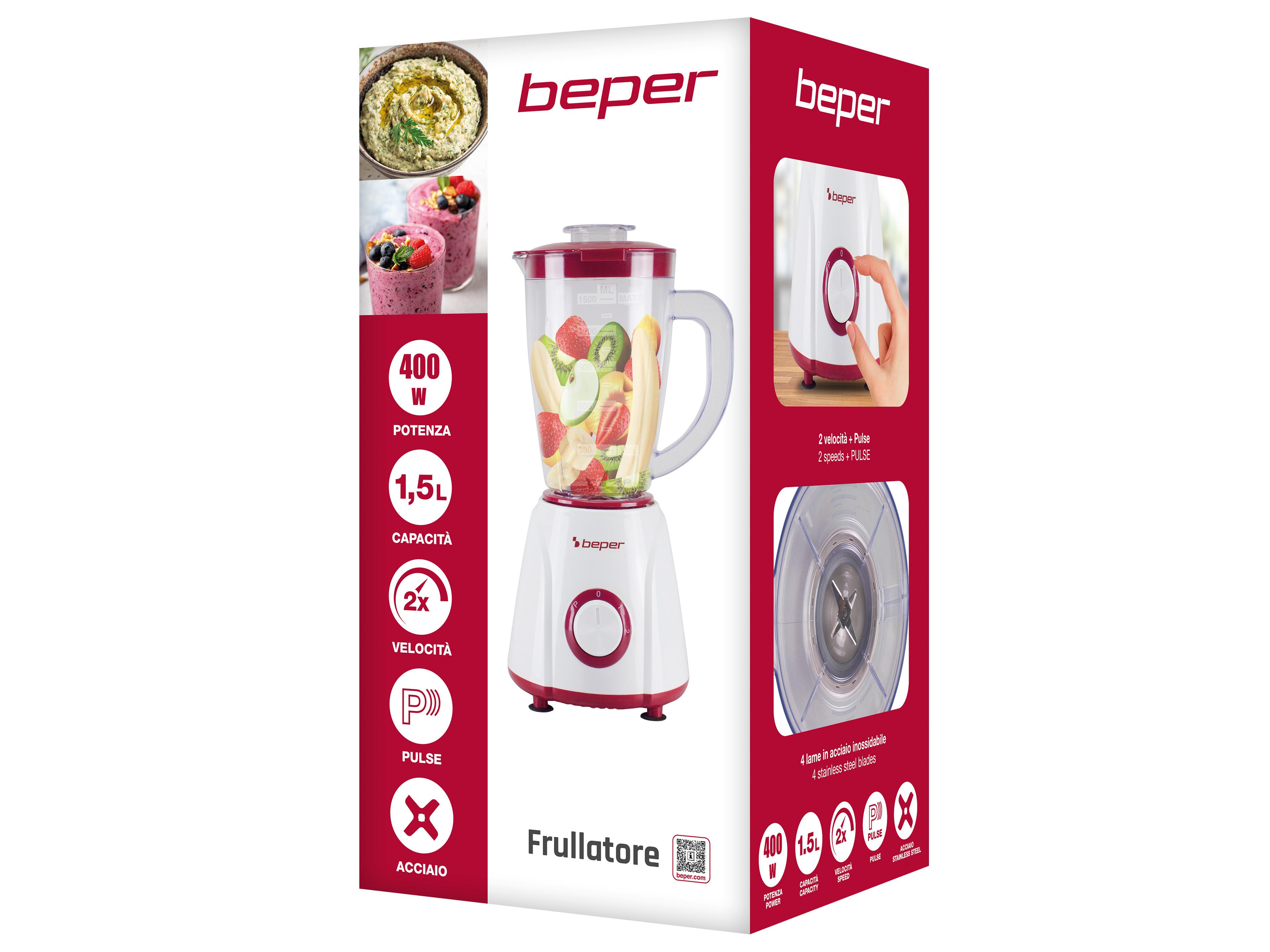 Un frullatore bianco e rosso con frutta all'interno, accanto a immagini di frullati e testo.