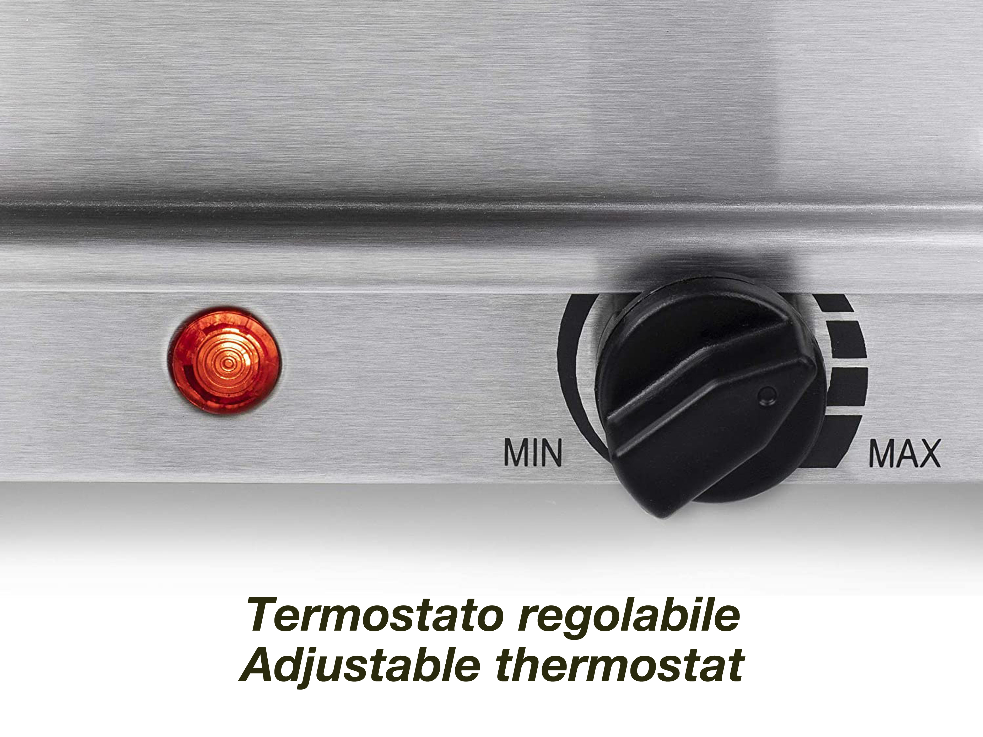 Un primo piano del quadrante del termostato, luce rossa e testo 'Termostato regolabile' in italiano e inglese.
