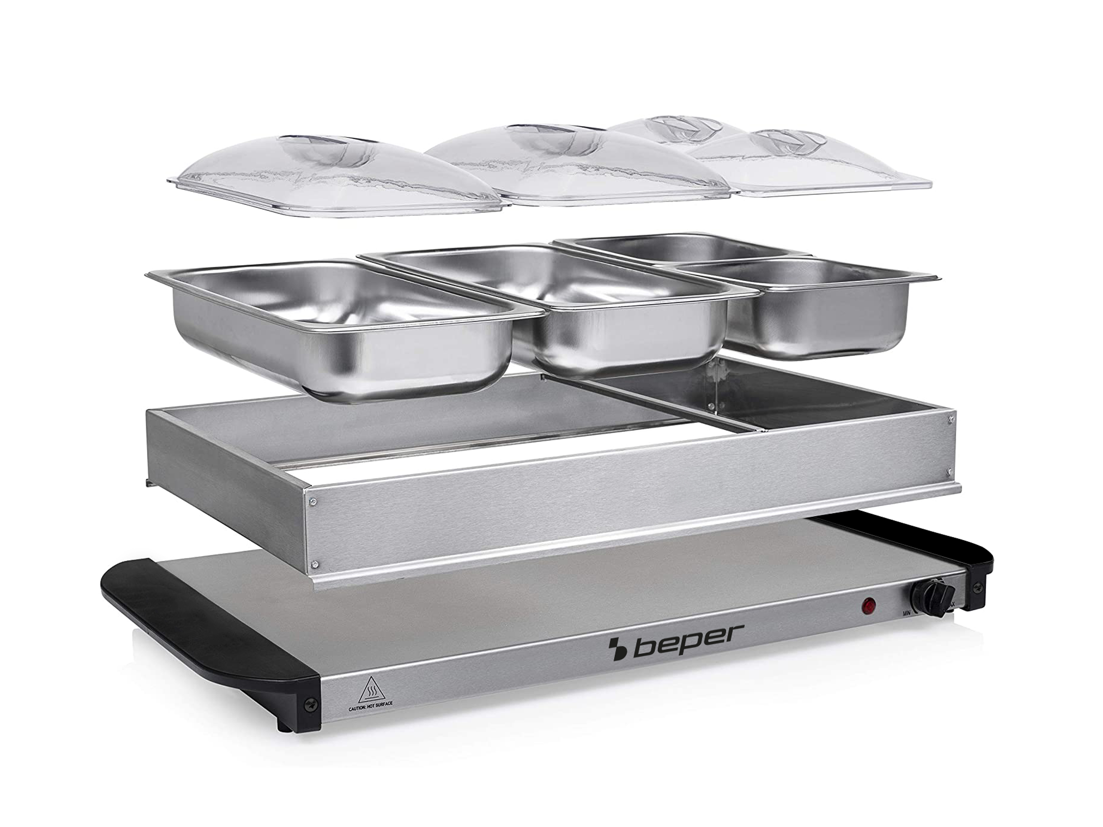 Uno scaldavivande con contenitori in acciaio inox e coperchi trasparenti. Ha una base riscaldante.
