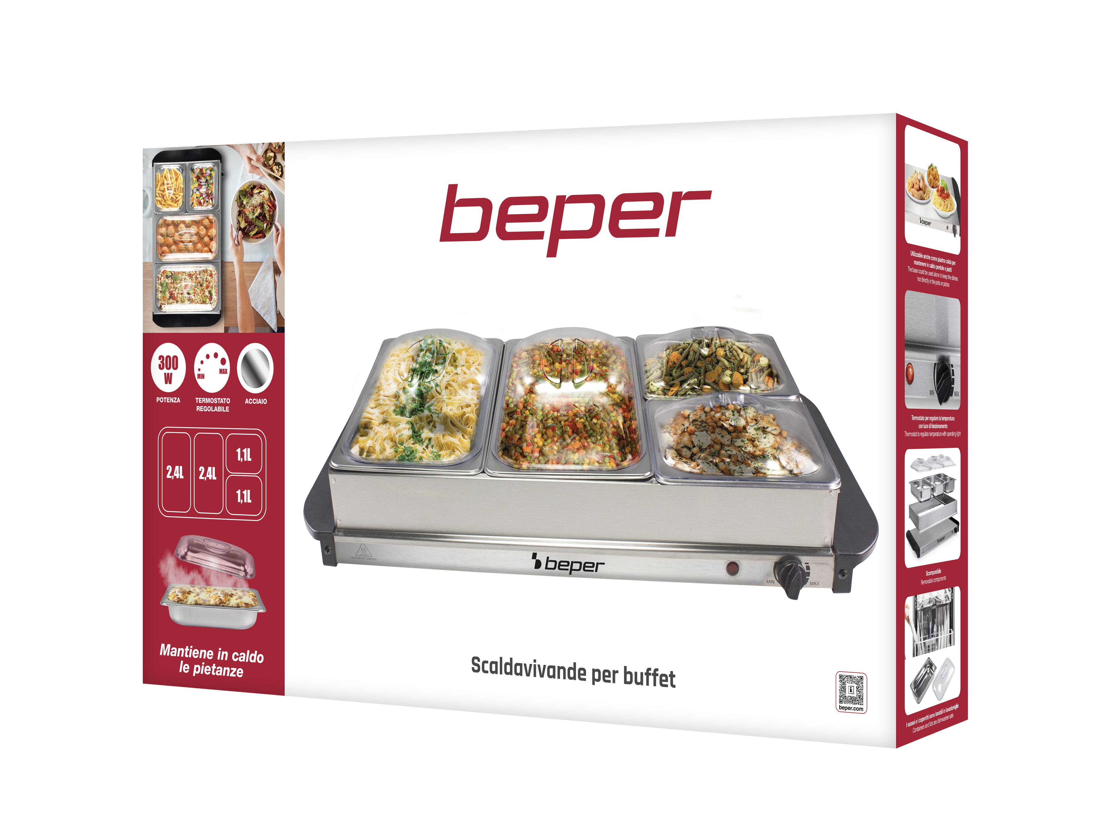 Uno scaldavivande con pasta, verdure. Il marchio Beper è presente. Il testo menziona buffet e componenti rimovibili.