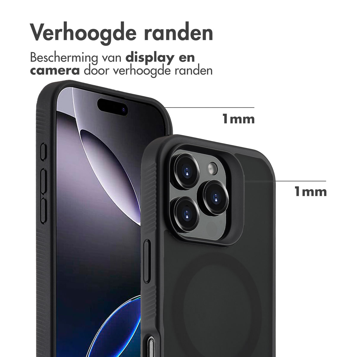 Gros plan d'un étui de téléphone noir sur un téléphone. L'étui a des bords surélevés étiquetés '1mm'. Le texte dit 'Bords surélevés' et 'Protection de l'écran et de l'appareil photo'.