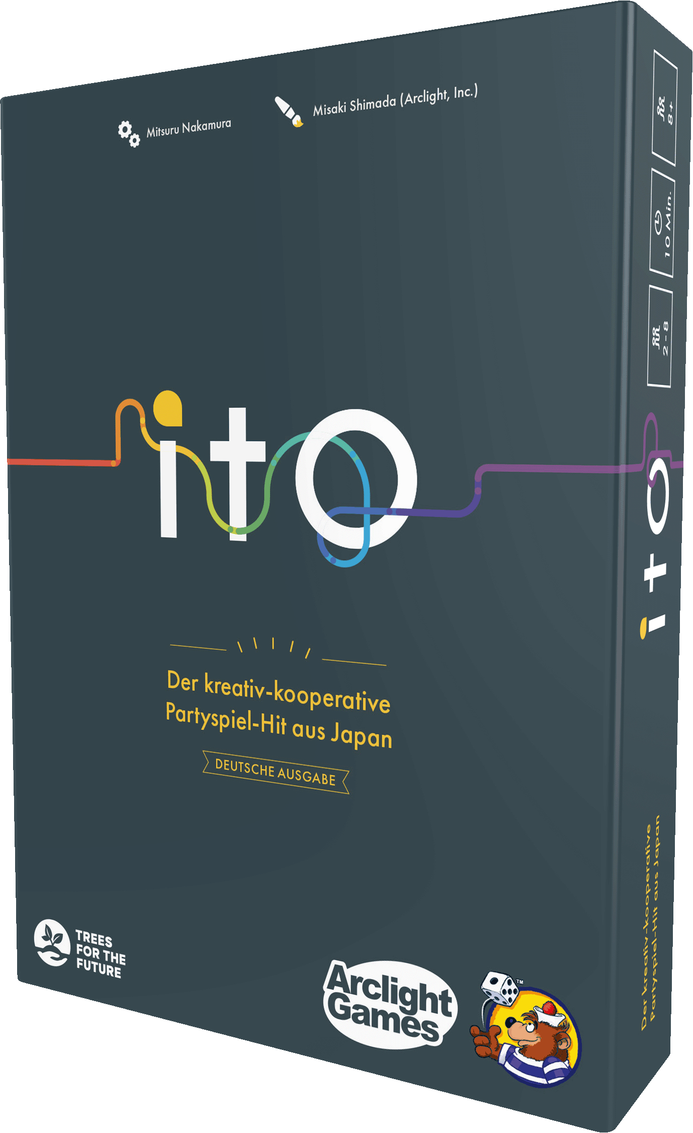 Spielbox mit dem Titel 'ito' und bunten Linien. Text enthält 'Der kreativ-kooperative Partyspiel-Hit aus Japan' und 'Arclight Games'.