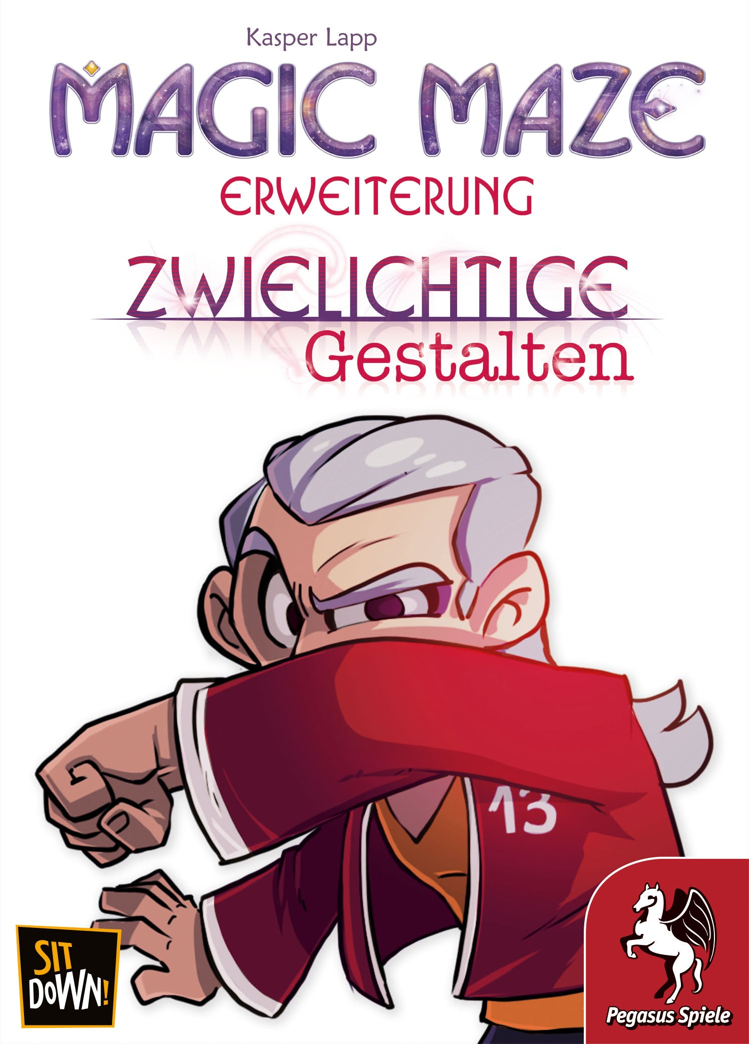 Portada de la expansión 'Magic Maze'. Una persona con pelo blanco y ropa roja se cubre la cara. El texto incluye 'Zwelichtige Gestalten'.
