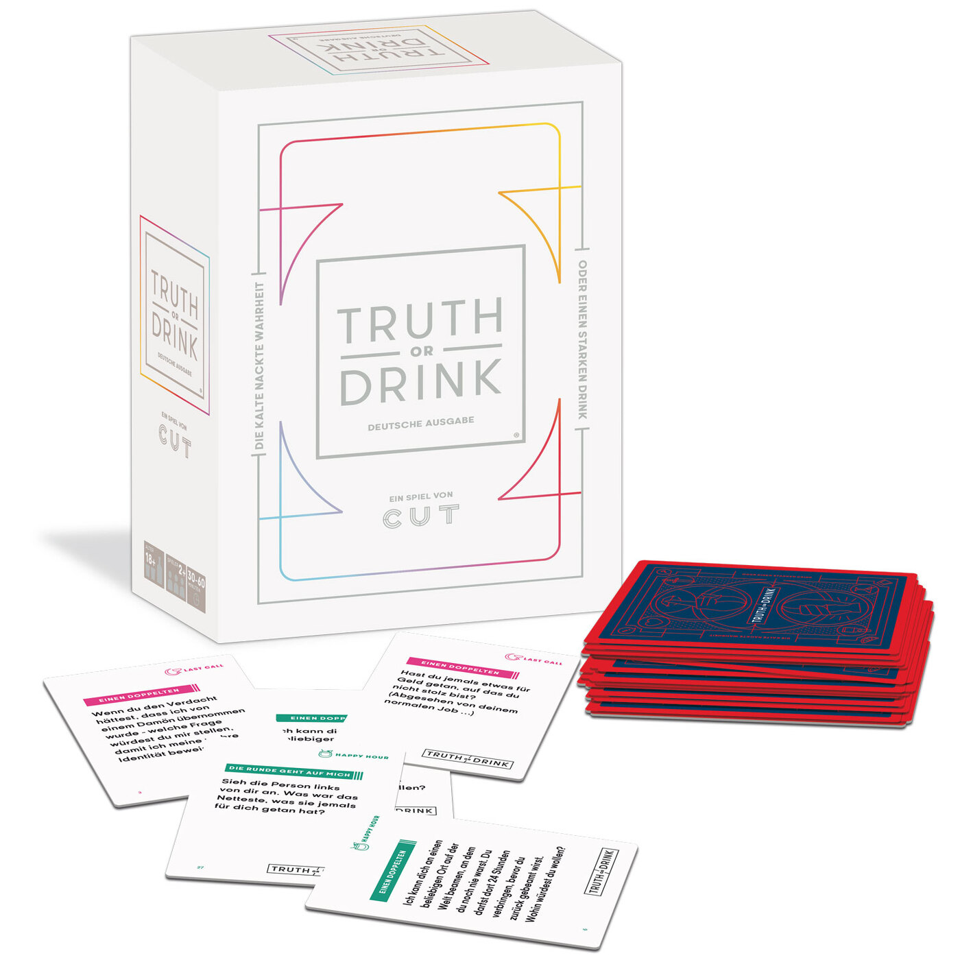 Eine 'Wahrheit oder Trinken' Kartenspielbox und Karten liegen auf einer weißen Oberfläche. Die Box hat den Titel des Spiels in großen Buchstaben.