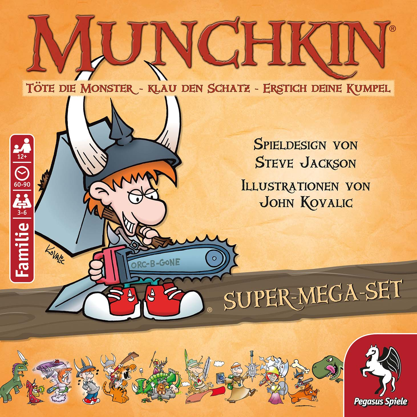 Una scatola del gioco Munchkin. Un personaggio dei cartoni animati con una motosega. Il testo include 'Munchkin', 'Super-Mega-Set' e dettagli del gioco.