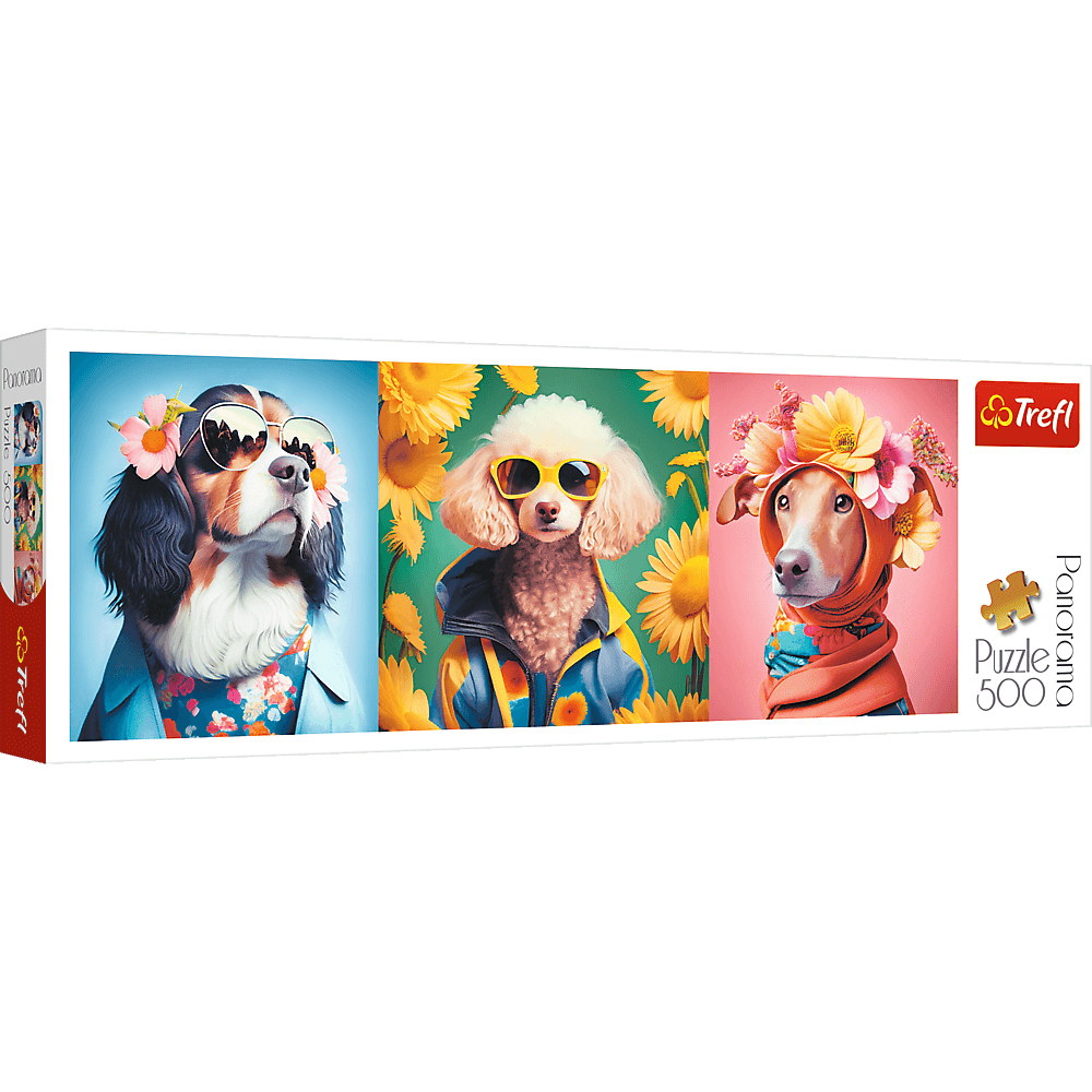 Een puzzelbox met drie honden met zonnebrillen en bloemen. Ze staan voor kleurrijke achtergronden, met zonnebloemen.