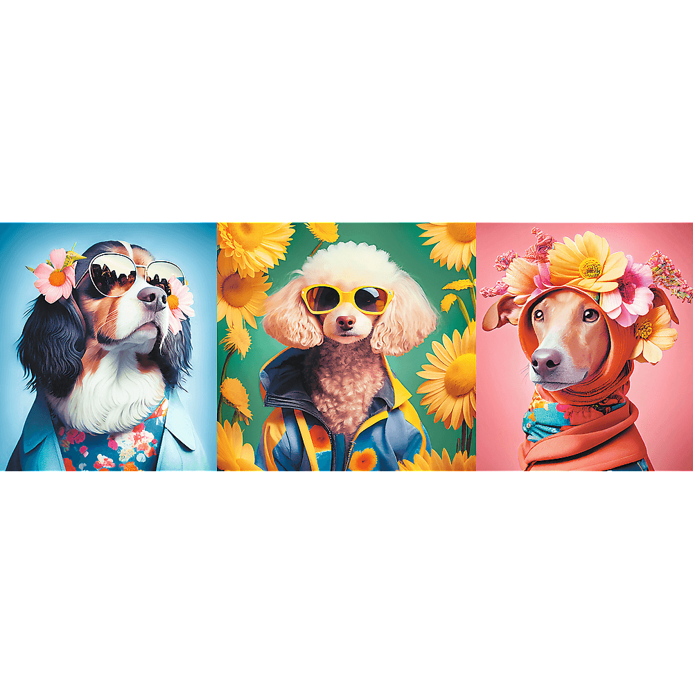 Drie honden, elk met een zonnebril en bloemaccessoires. Eén heeft bloemen op het hoofd, een ander een jas en de derde een bloemenhemd.