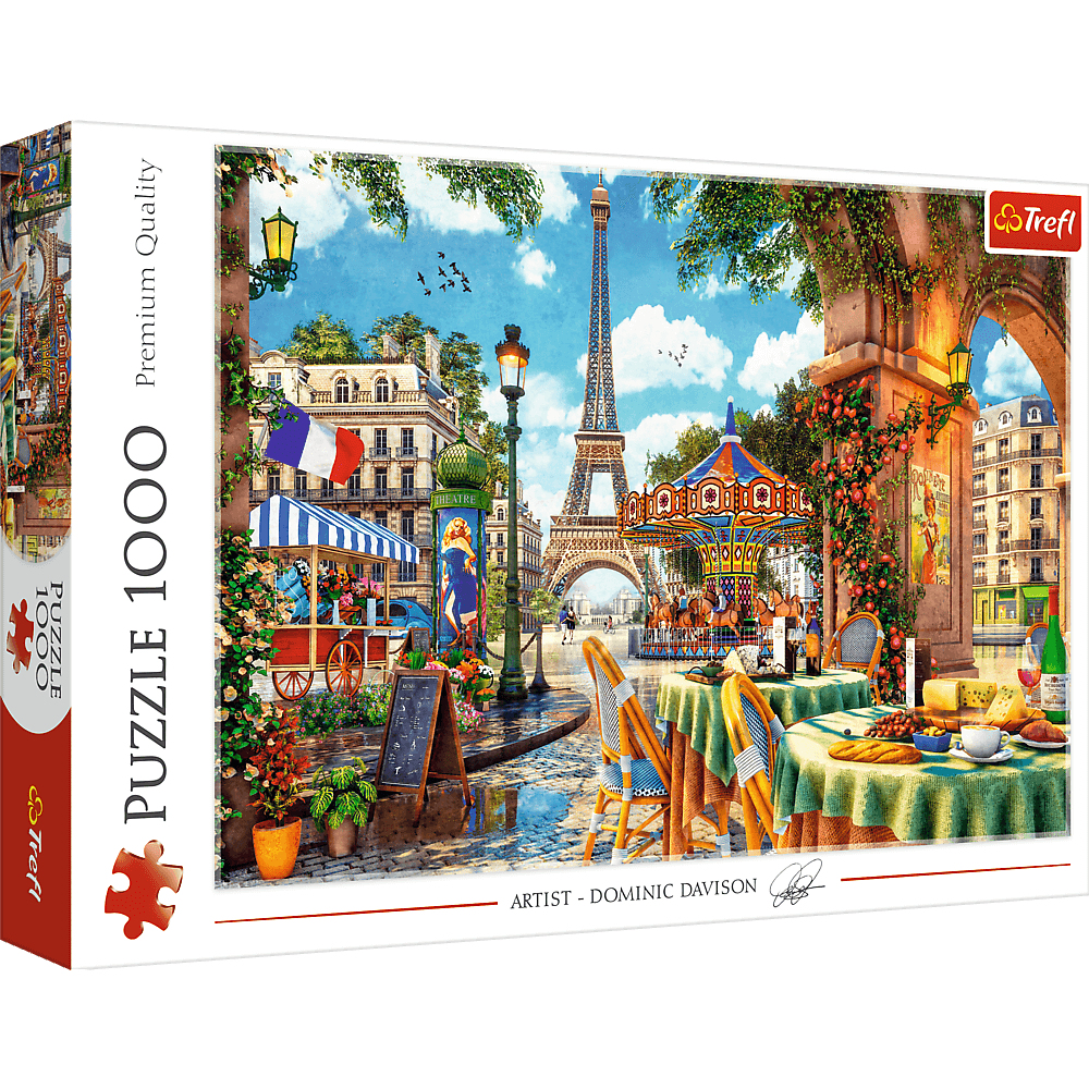 Puzzle scène parisienne. Tour Eiffel, manège, tables de café avec nourriture, drapeau français, boutique et ciel bleu.