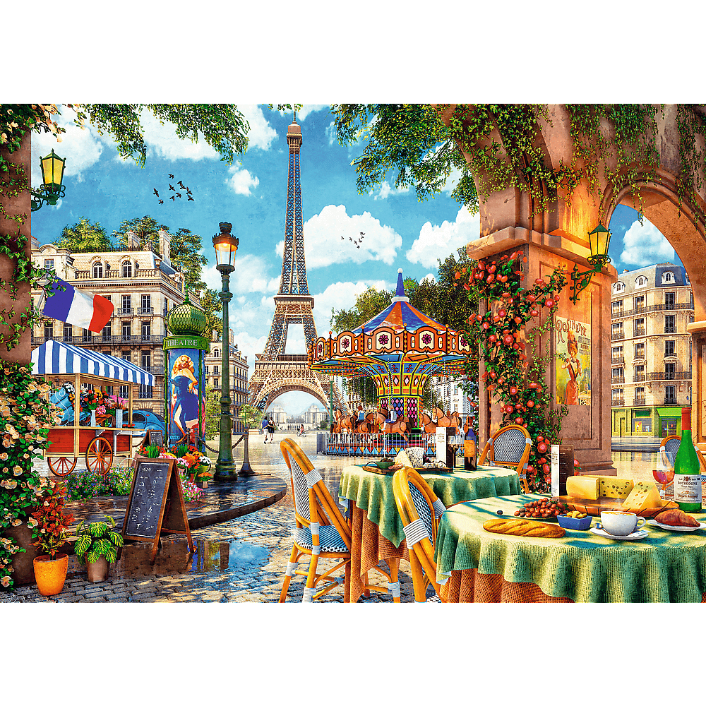 Scène parisienne avec la tour Eiffel, un manège et des tables de café. Inclut un chariot de fleurs, des lampadaires et des drapeaux français.