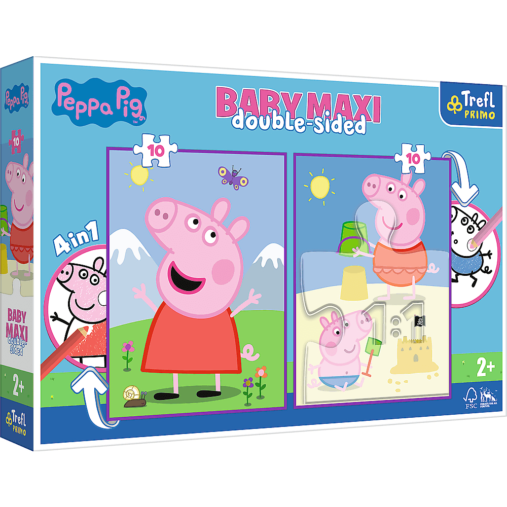 Illustration de boîte pour un puzzle Peppa Pig. Montre les personnages de Peppa Pig, des pièces de puzzle et les mots 'BABY MAXI double-sided' et 'Trefl PRIMO'.
