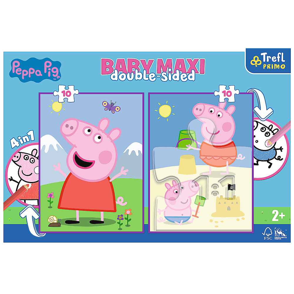 Une boîte de puzzle Peppa Pig. Elle montre les personnages de Peppa Pig, des pièces de puzzle et les mots 'Baby Maxi double face'.