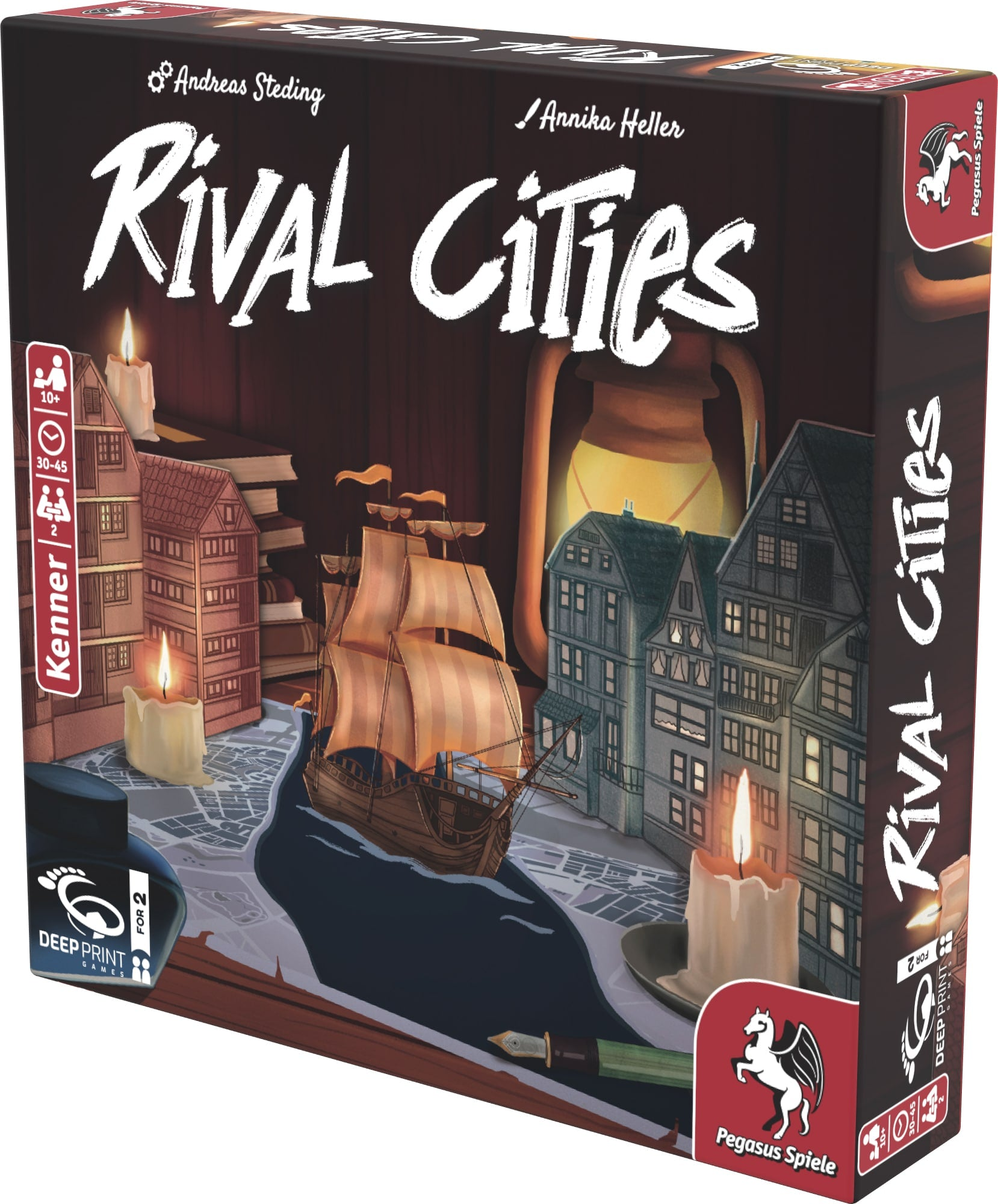 Scatola di gioco con nave, edifici e candele. Titolo 'Rival Cities'. Logo Pegasus Spiele in basso a destra.