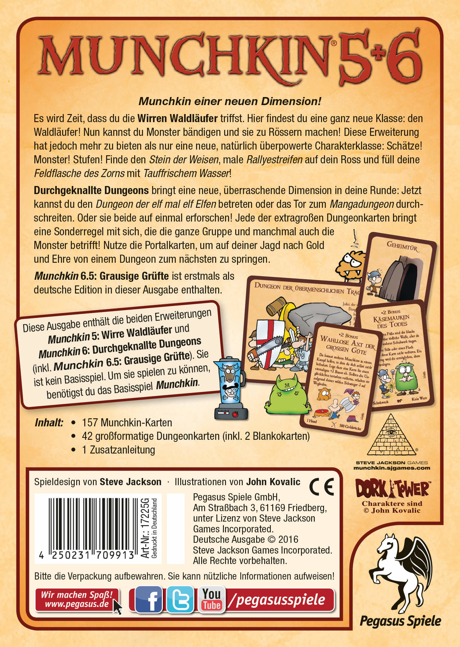 Schachtelkunst für das Spiel Munchkin 5+6. Enthält den Spieltitel, Karten, Monster und Charaktere. Lebendige Farben, Fantasy-Thema.