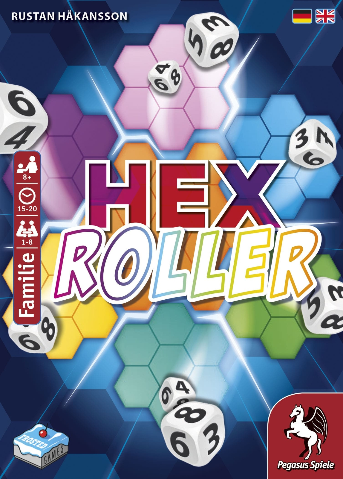 Brettspielbox mit dem Titel 'HEX ROLLER'. Mit Würfeln, Sechsecken und Logos. Farben: Blau, Lila, Gelb und Grün.