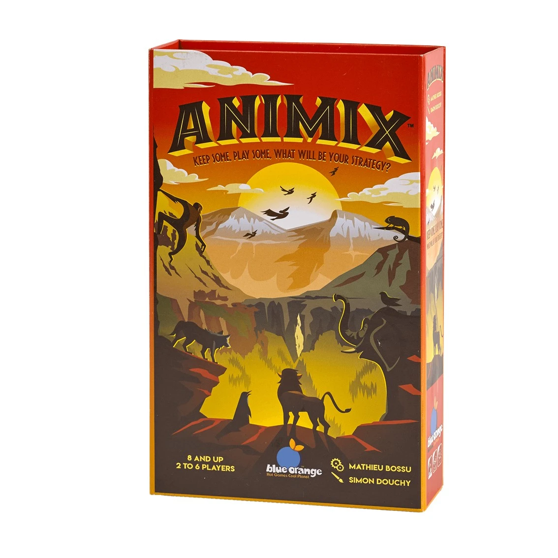 La caja del juego de mesa Animix presenta un paisaje al atardecer con siluetas de animales. El título es Animix y el lema es: Guarda algo. Juega algo.