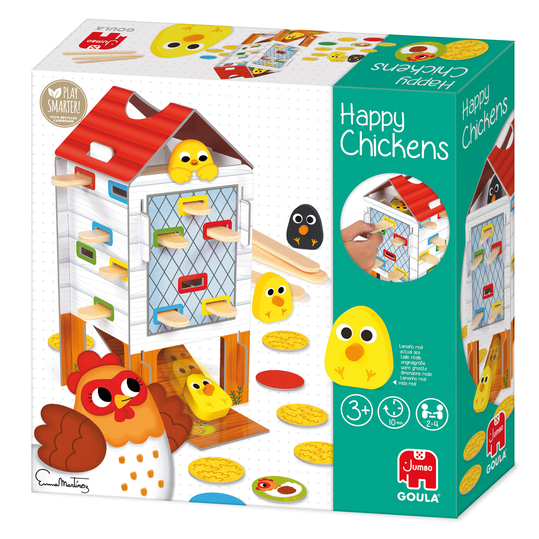 Scatola del gioco Happy Chickens. Presenta una struttura a casa, polli e pezzi del gioco. La scatola ha testo e immagini.