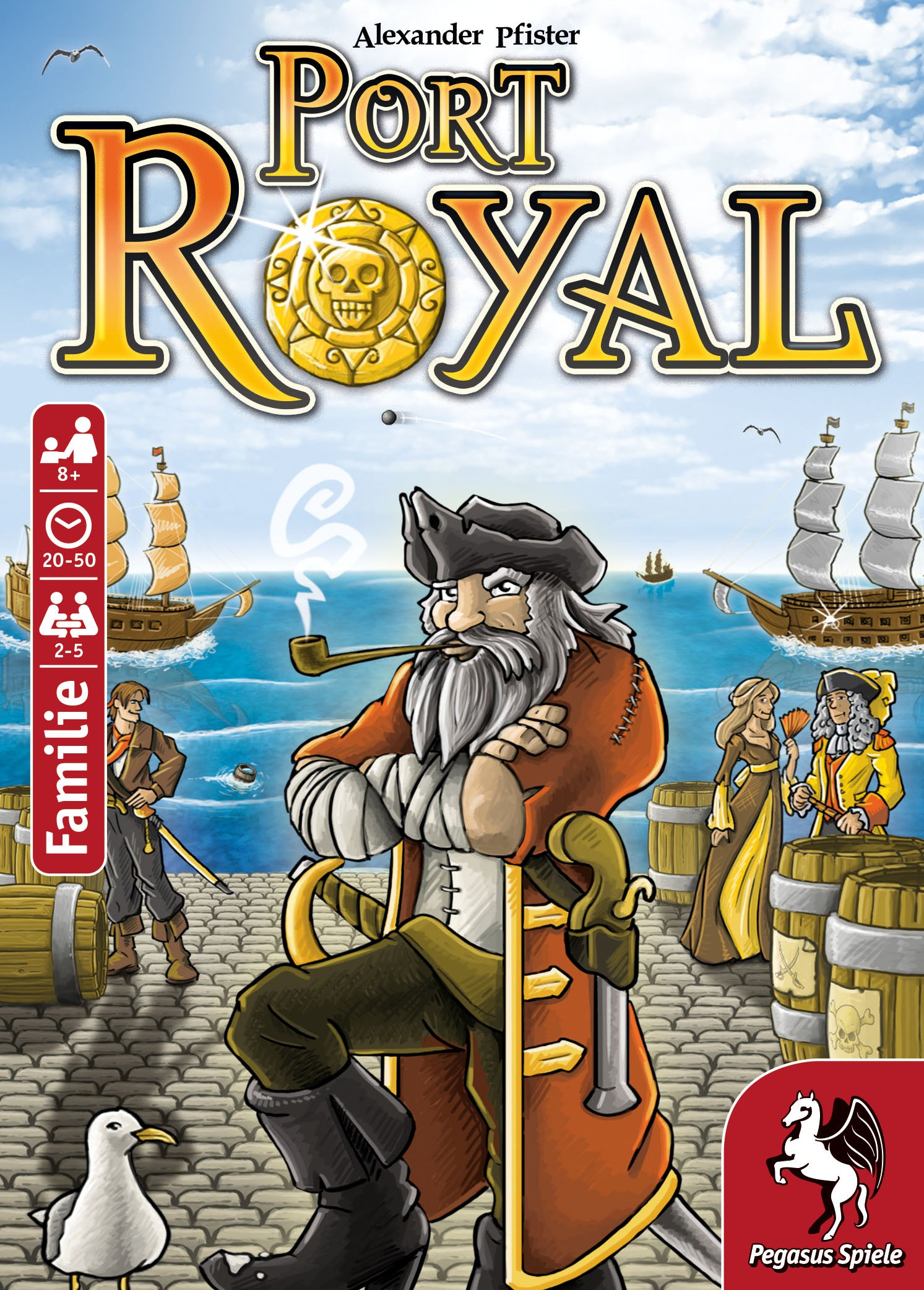 Ein Spielcover mit Pirat, Schiffen und dem Titel 'Port Royal'. Eine Möwe steht im Vordergrund, mit Fässern und Personen auf einem Steg.