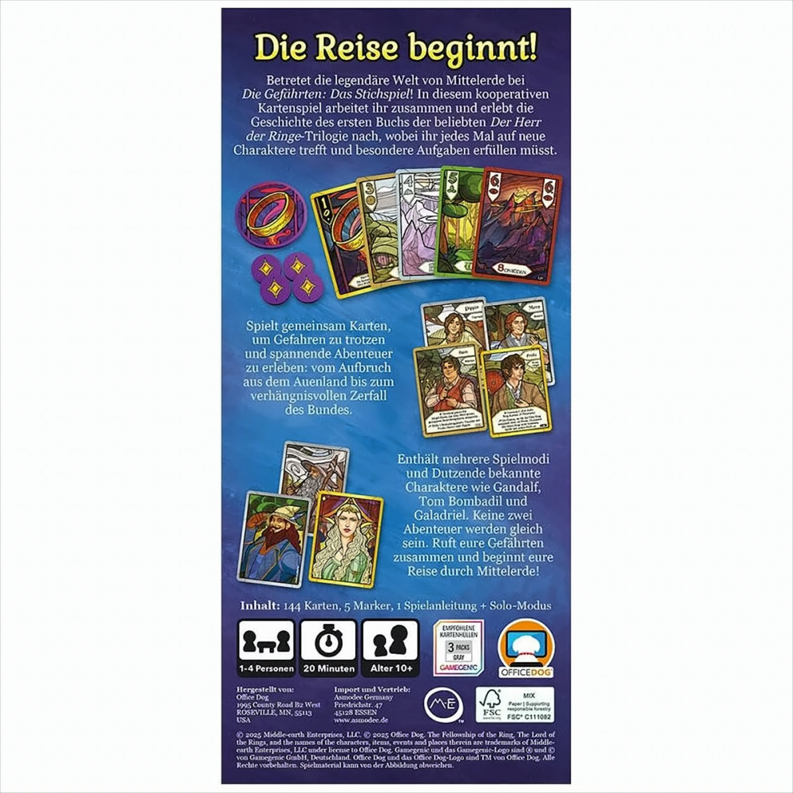 Spielbox mit Karten und Charakteren aus Der Herr der Ringe. Text auf Deutsch.