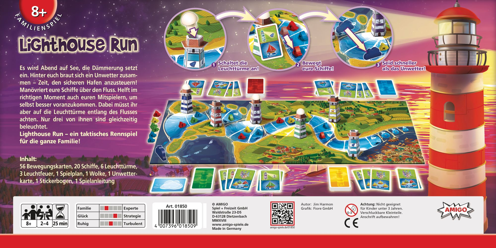 Brettspielbox 'Lighthouse Run' mit Spielelementen und Anweisungen. Enthält Leuchttürme, Schiffe und eine Flusskarte.